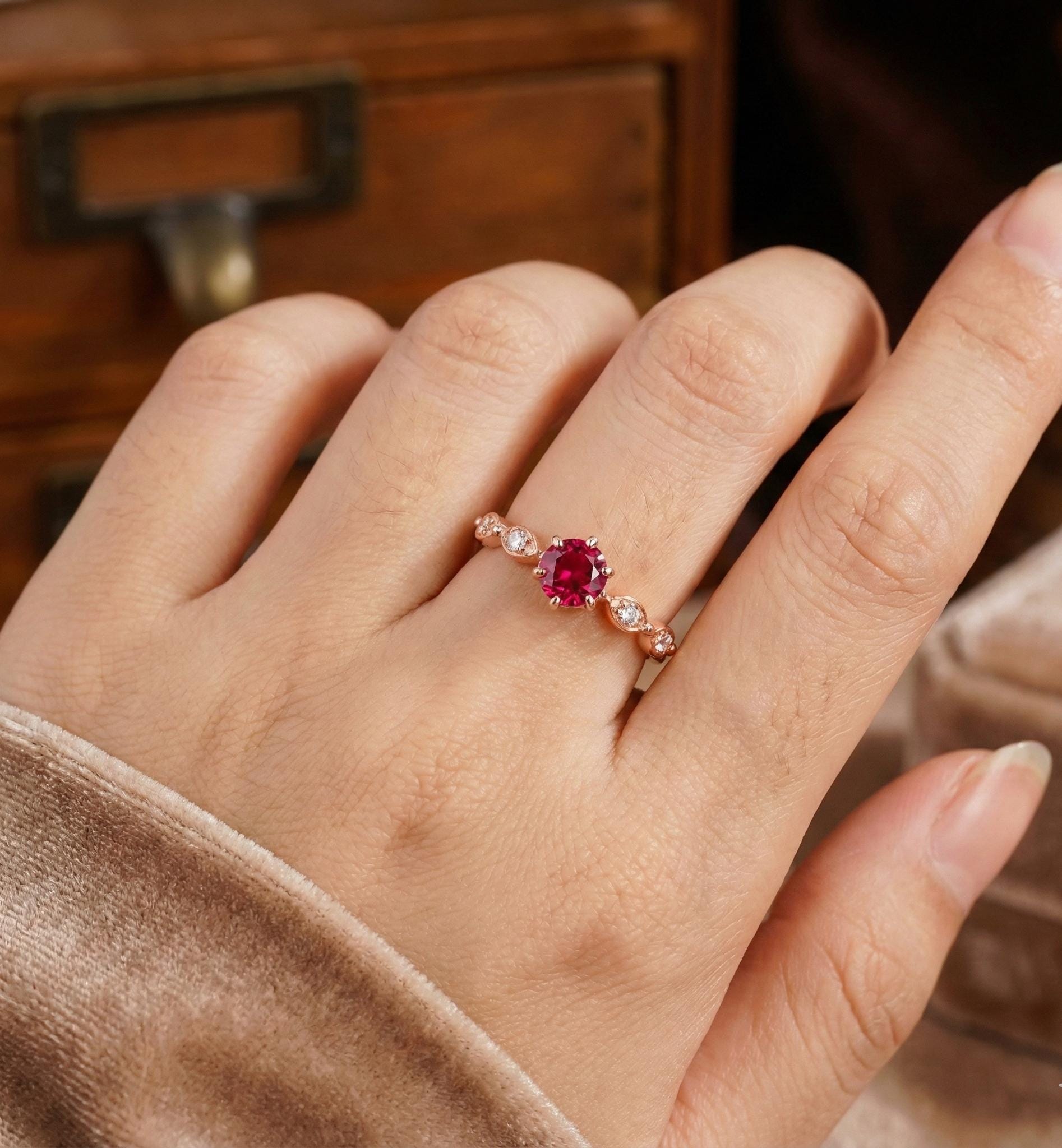 Ruby Engagement Ring, 925 Sterling Silver Halo, Milgrain Half Eternity