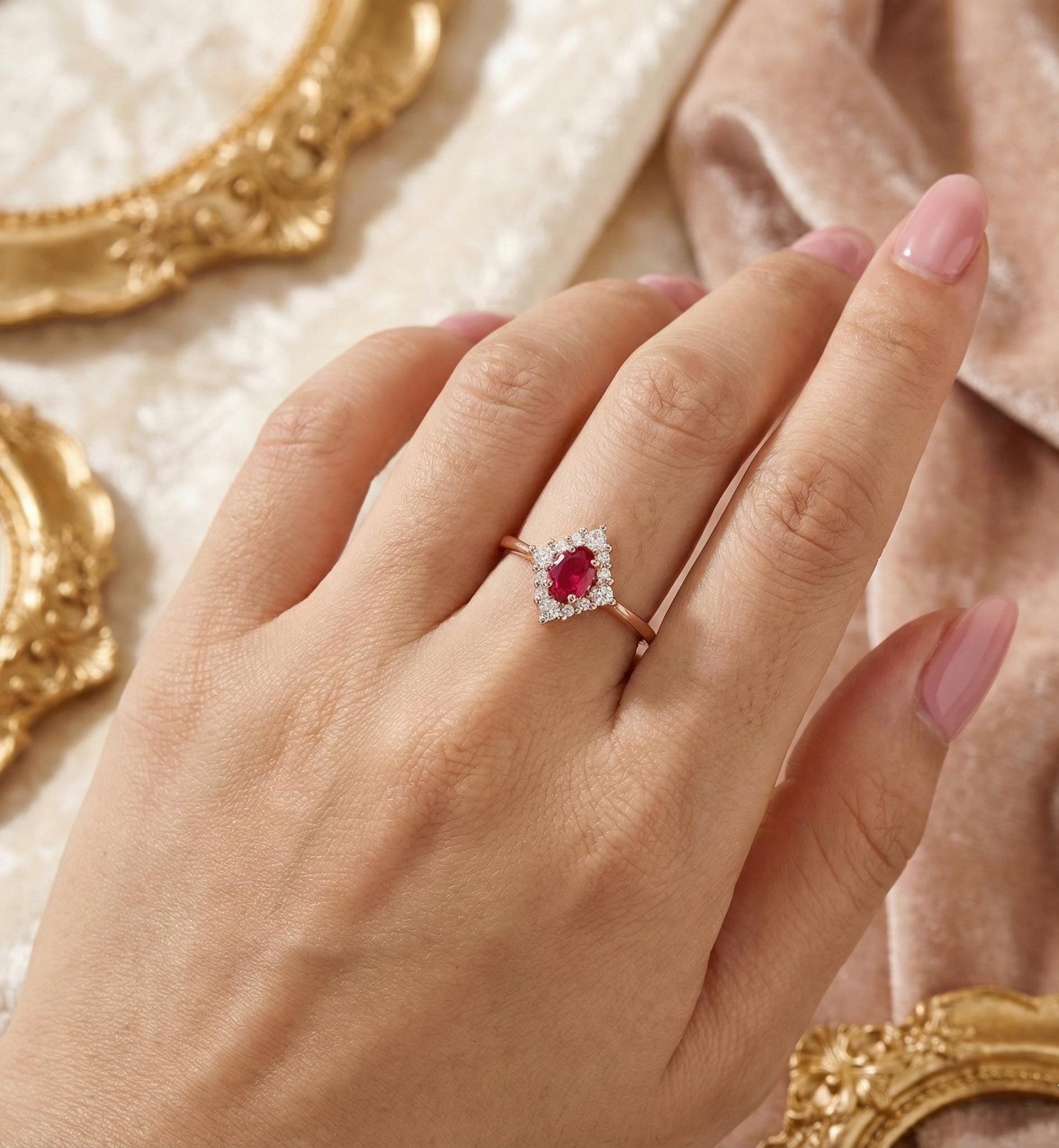 Oval Pink Ruby Engagement Ring, Halo Moissanite, 925 Sterling Silver