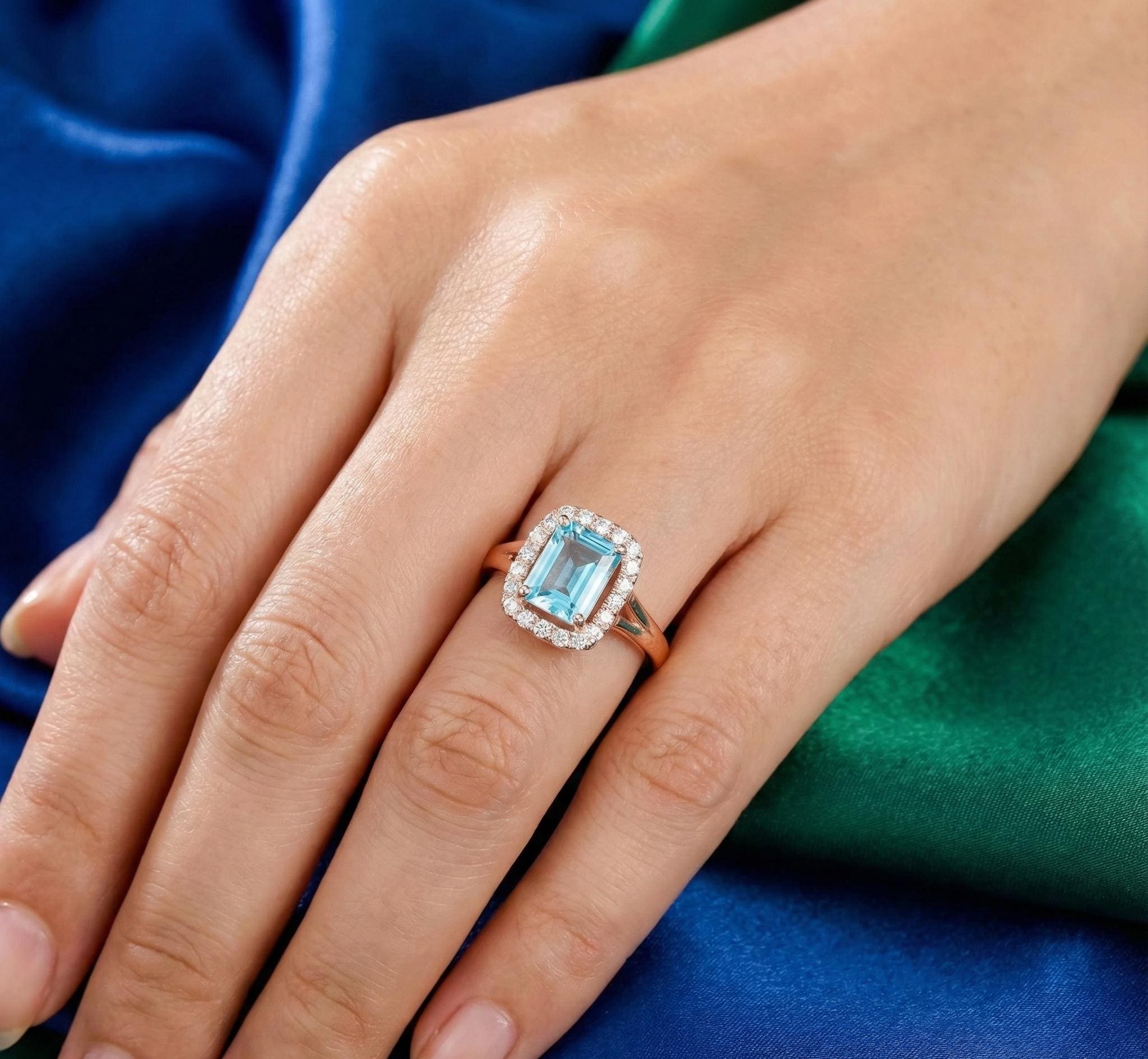 Emerald Cut Aquamarine Ring, Halo Sterling Silver, Vintage Engagement