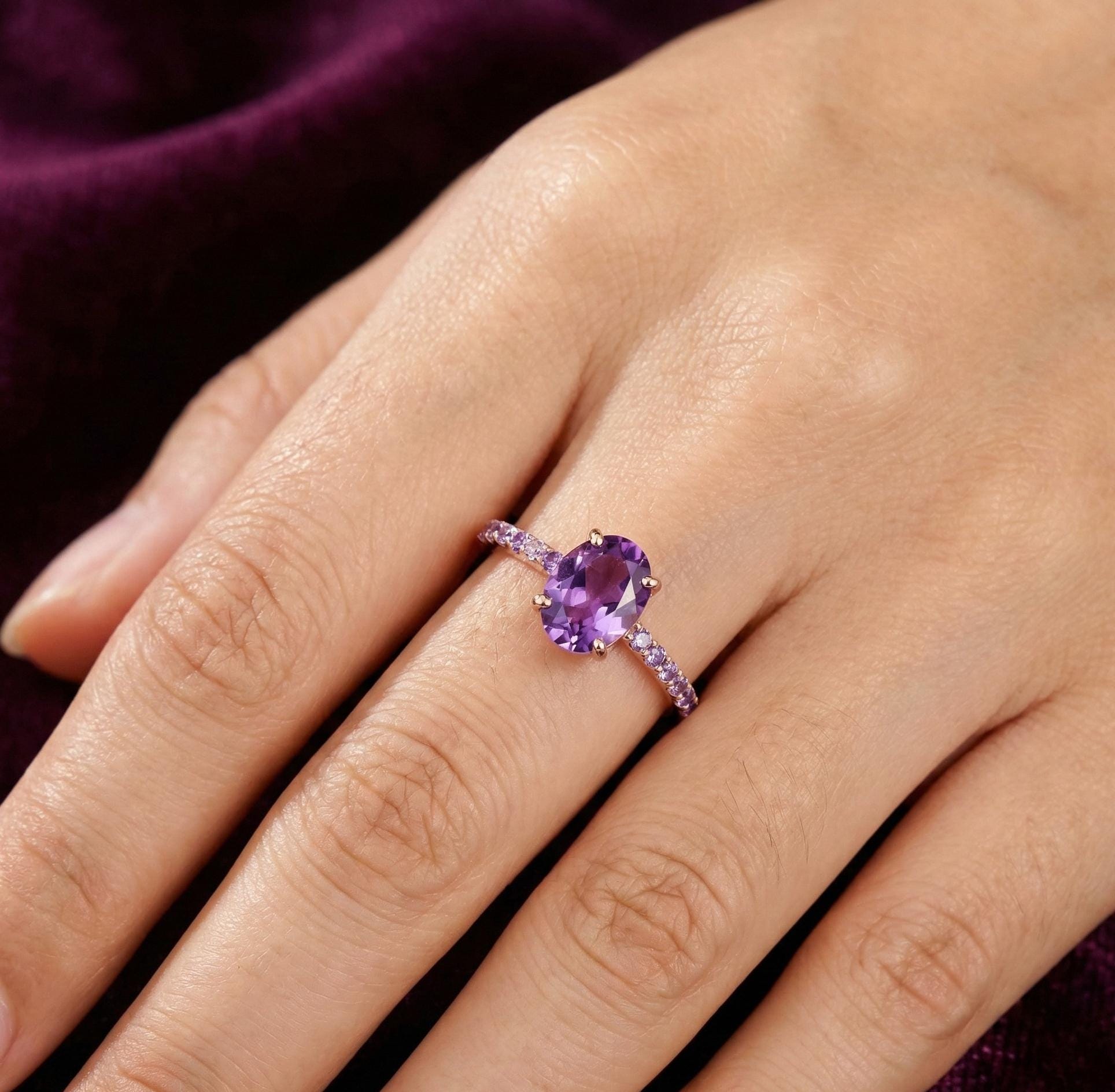 Oval Amethyst Ring, Sterling Silver Purple Engagement Ring
