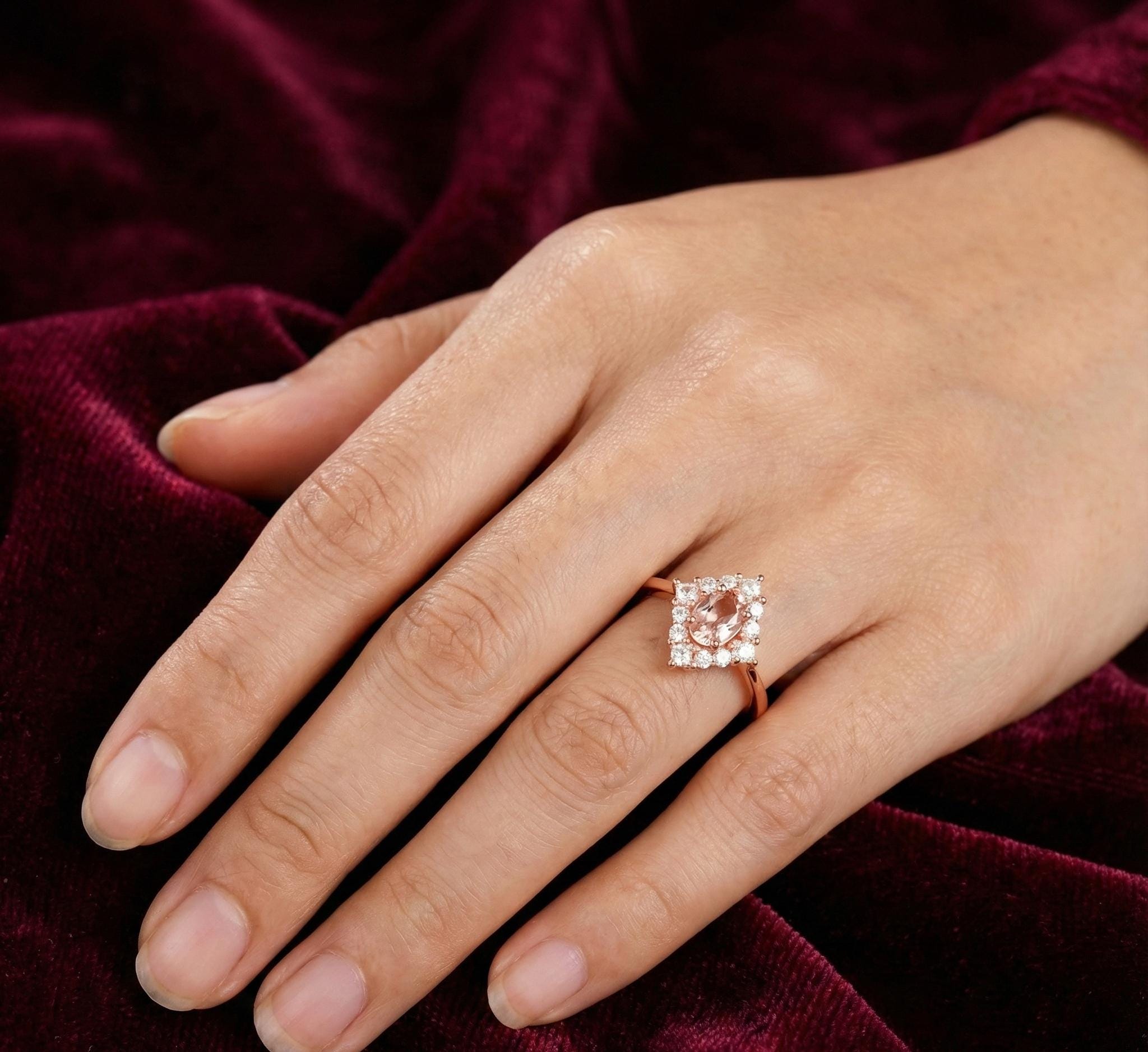 Morganite Engagement Ring, 925 Sterling Silver Flower Halo, Art Deco Marquise Shape
