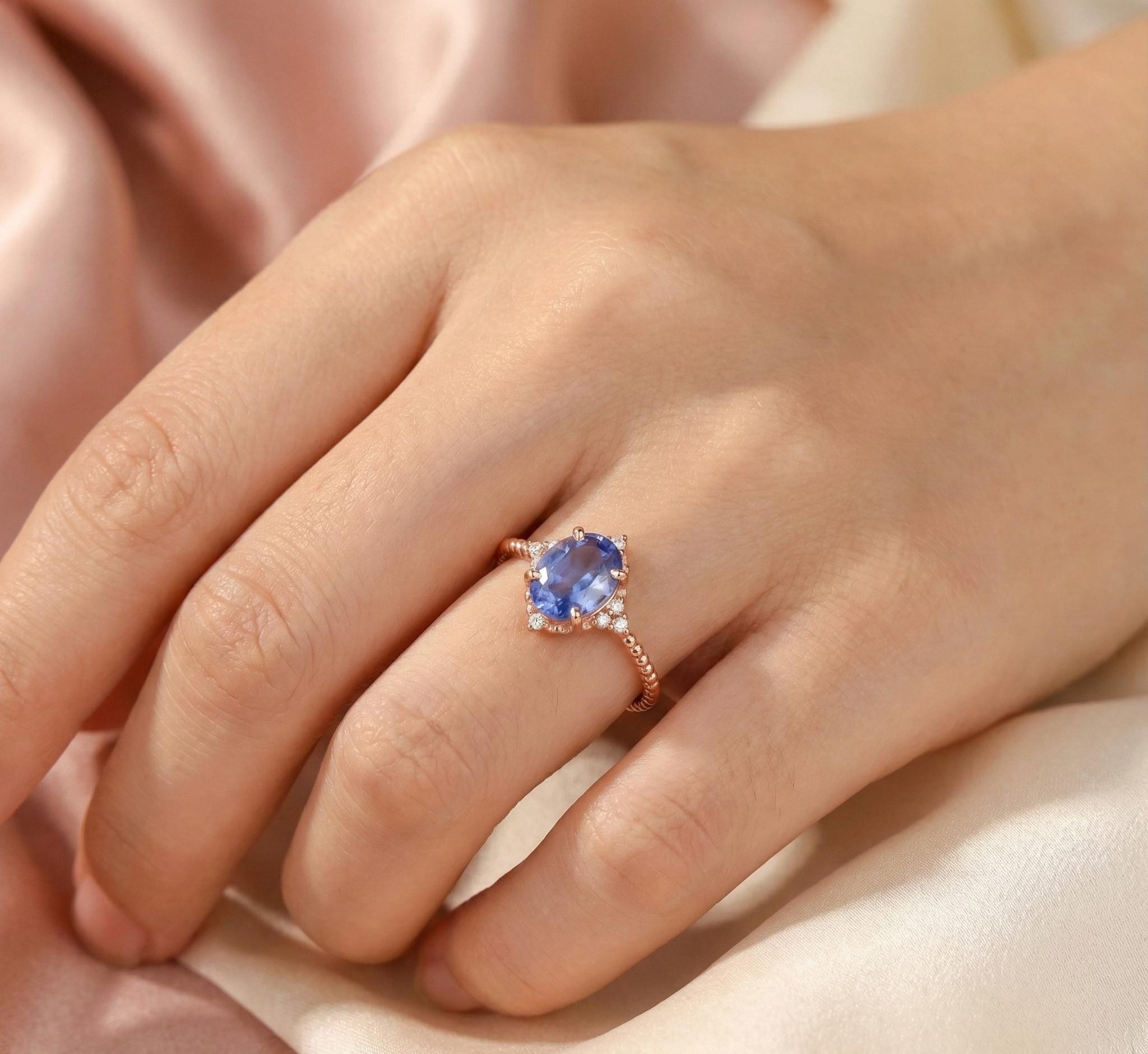 Oval Blue Sapphire Ring, Sterling Silver Halo, Vintage Engagement