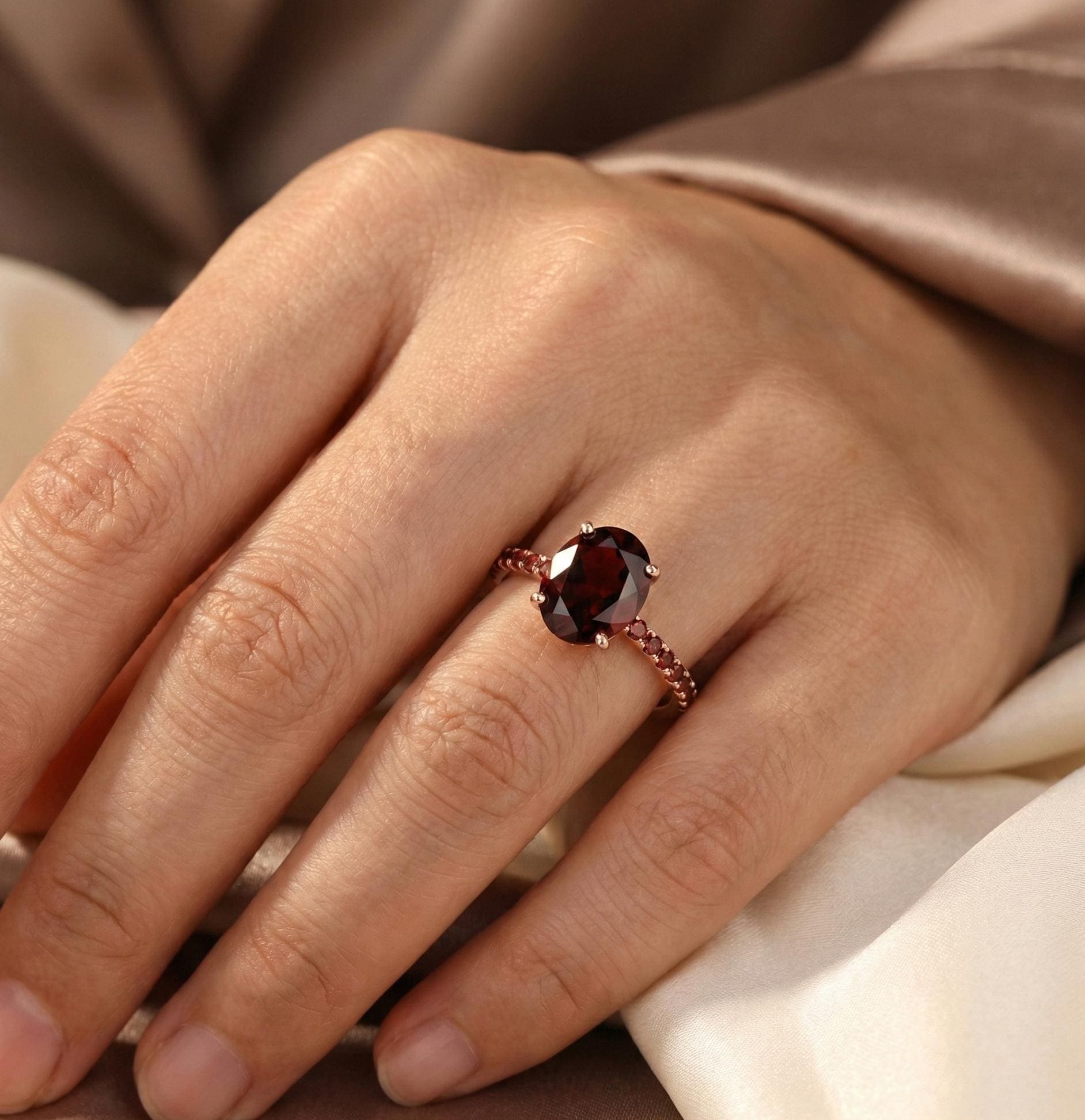 Oval Garnet Engagement Ring, Sterling Silver Halo Solitaire
