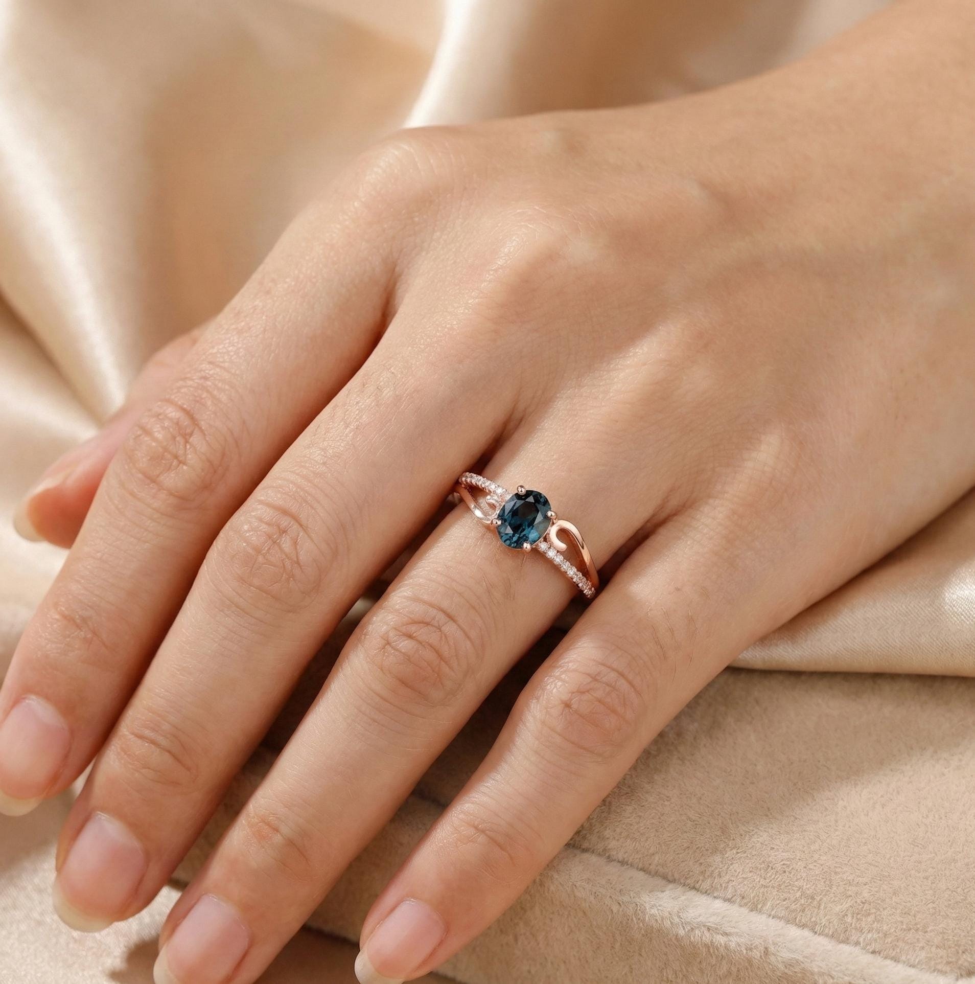 Oval Blue Sapphire Engagement Ring, Sterling Silver Bypass Halo
