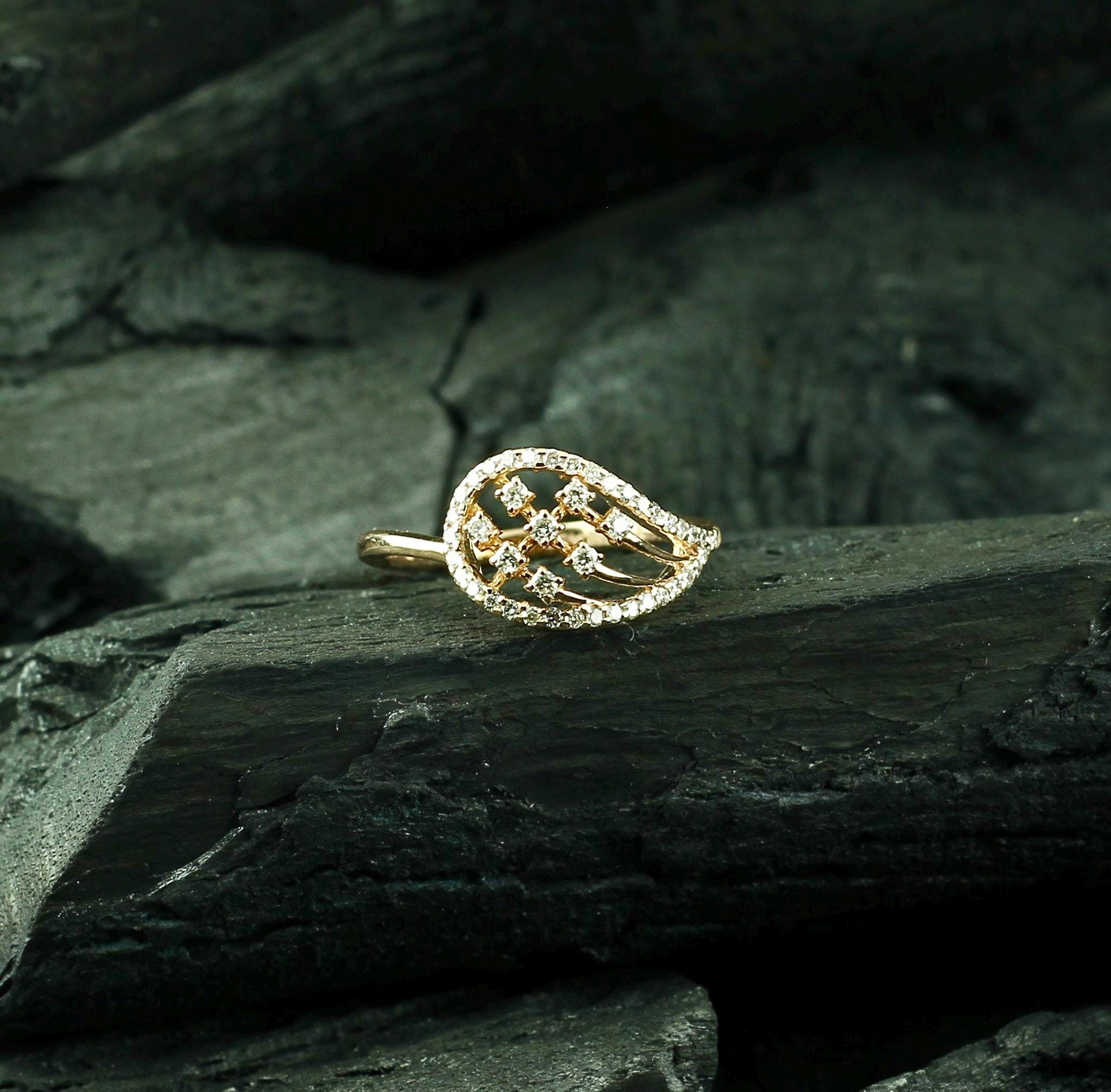 Leaf Moissanite Ring, Sterling Silver Paisley Pave Set