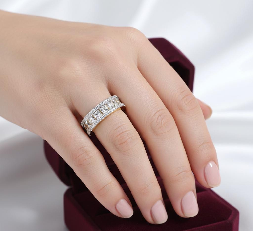 Moissanite Full Eternity Band, Princess & Round Cut, 925 Silver