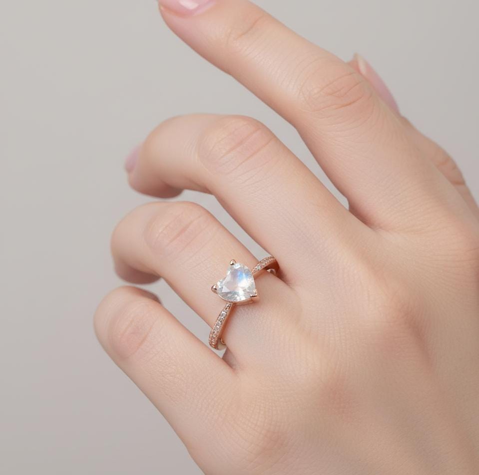 Heart Moonstone Ring, 925 Sterling Silver, Vintage Halo Engagement