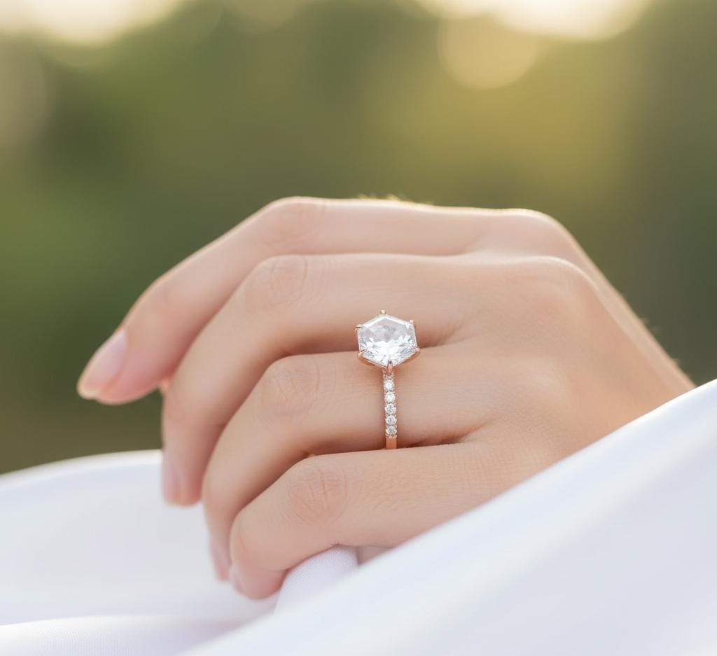 Hexagon Moonstone Engagement Ring, Sterling Silver Moissanite Halo
