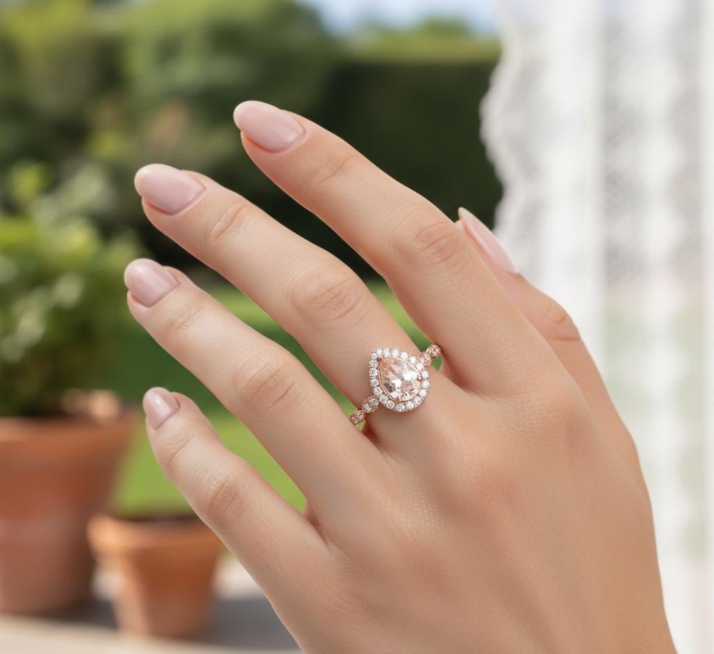 Pear Morganite Engagement Ring, Art Deco Sterling Silver Halo