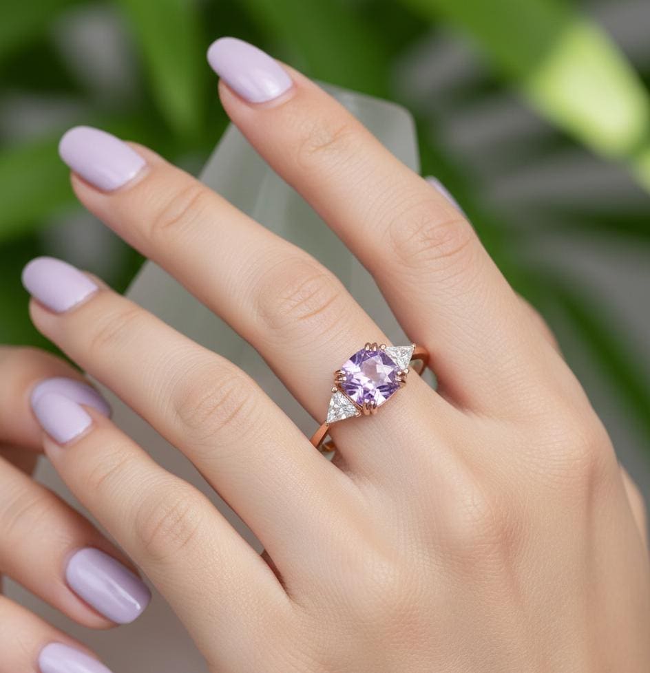 Cushion Amethyst Engagement Ring, Trillion Moissanite, 925 Sterling Silver