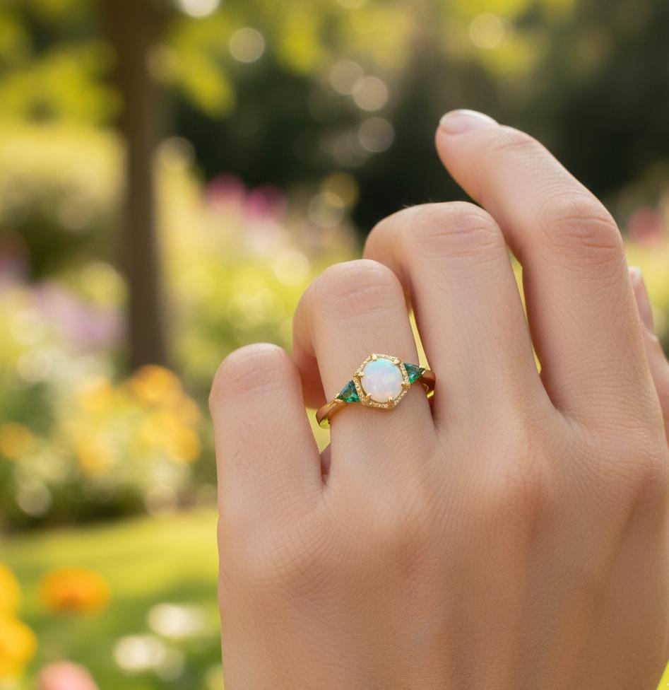Opal Engagement Ring, Sterling Silver Hexagon Halo, Trillion Emerald Accents