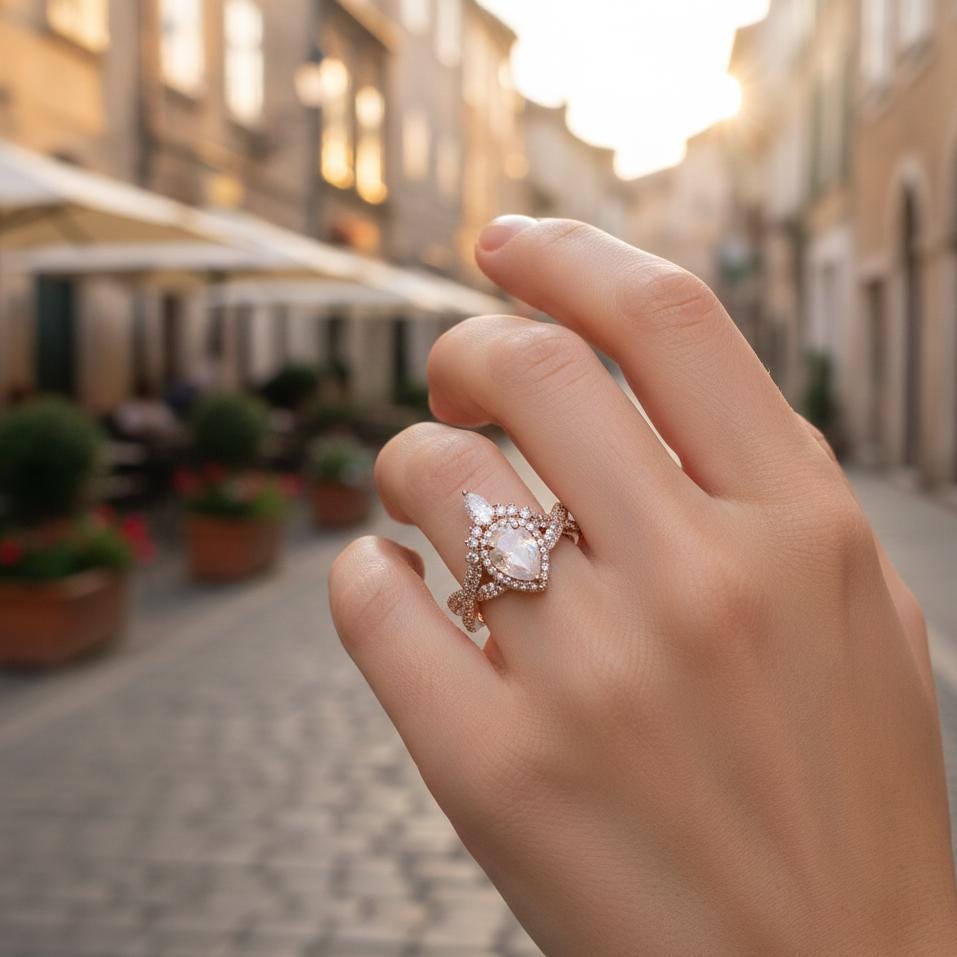 Pear Opal Engagement Ring, Sterling Silver Halo, Teardrop Infinity Ring