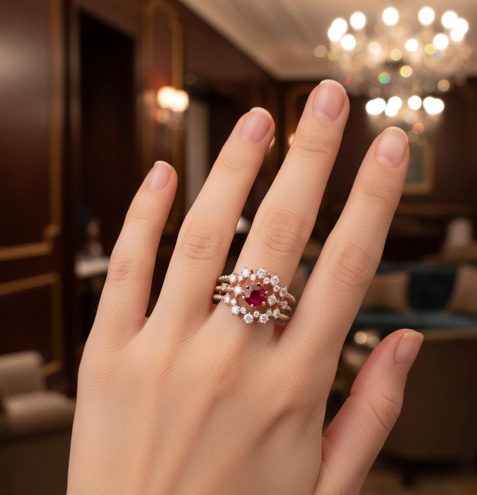 Ruby Engagement Ring, 925 Sterling Silver, Halo Moissanite, Round Cut
