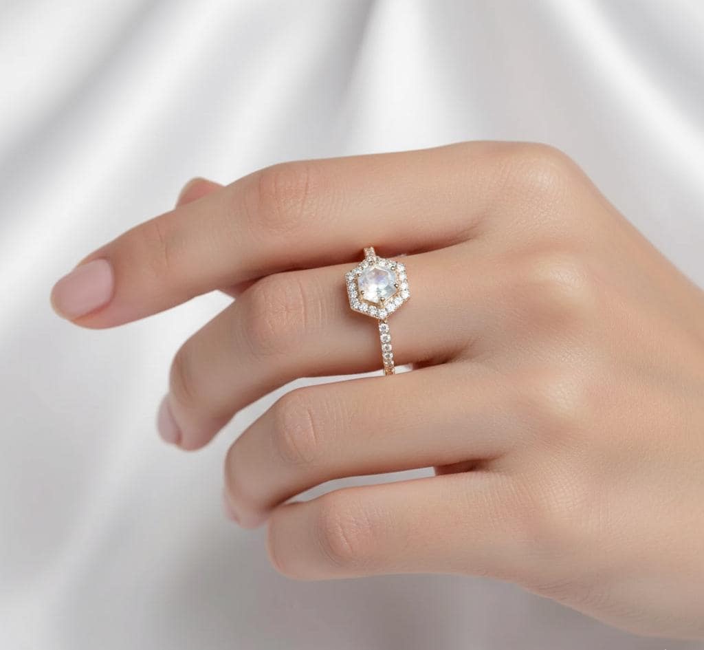 Hexagon Rainbow Moonstone Engagement Ring, Sterling Silver Halo Solitaire