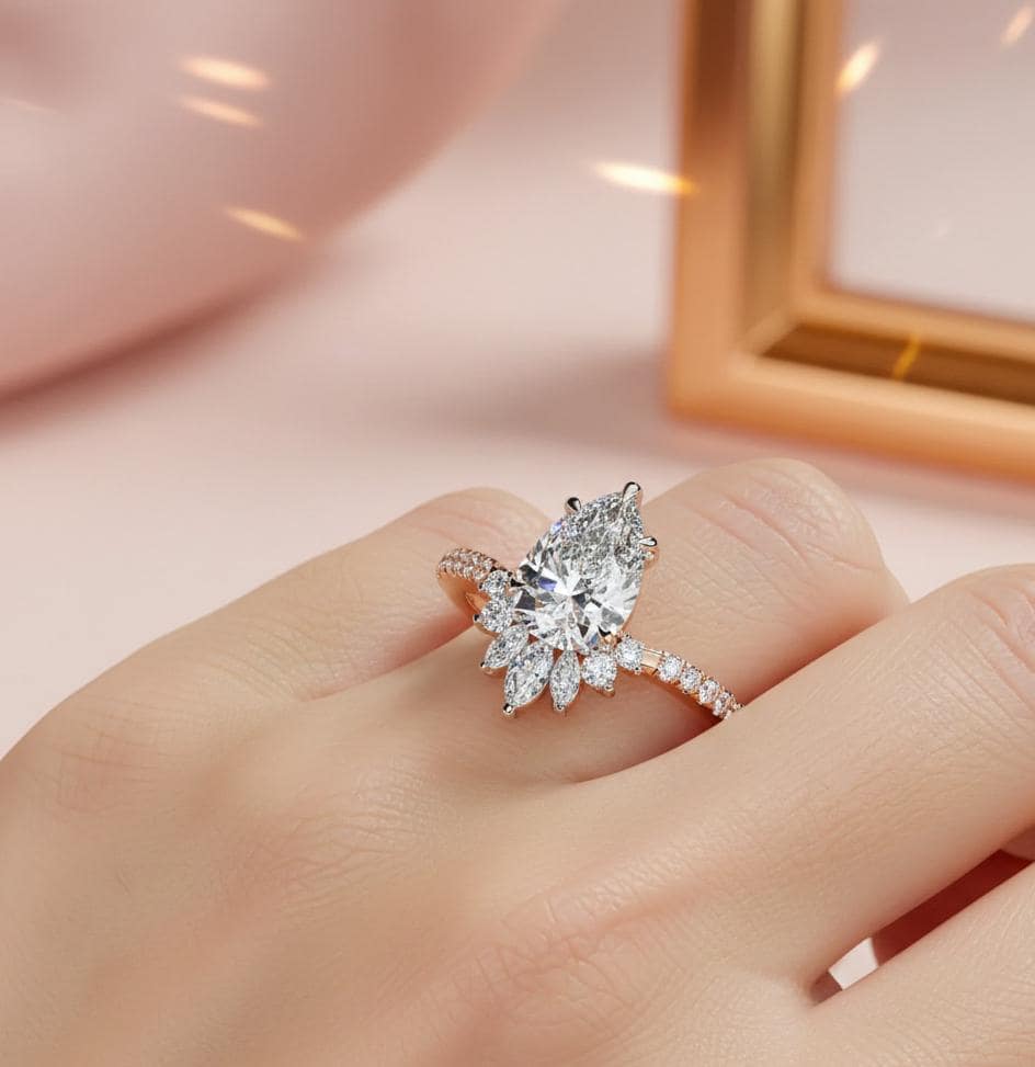 Pear Moissanite Sterling Silver Ring, Crown Teardrop Engagement Ring