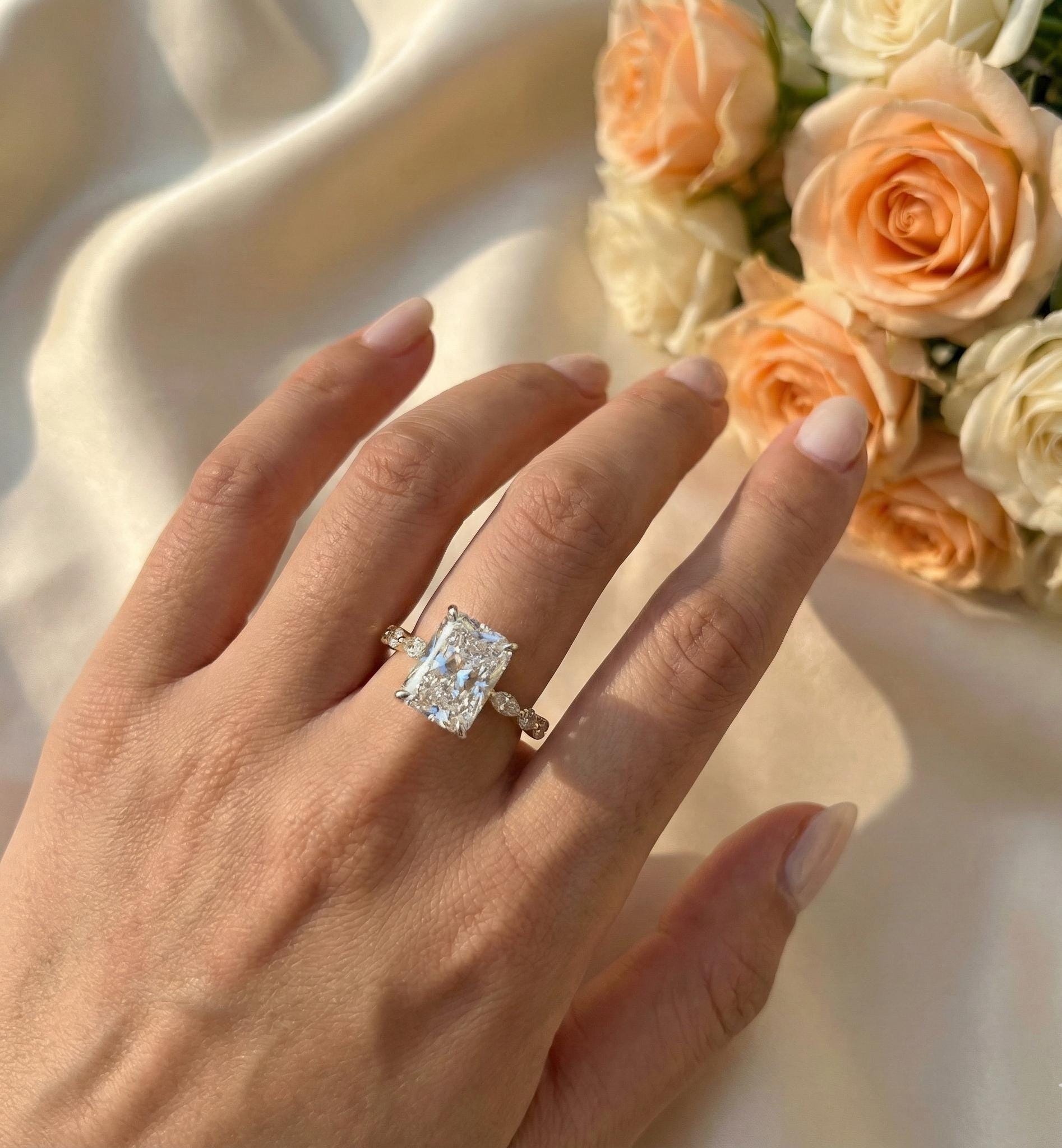 Radiant Cut Moissanite Engagement, Hidden Halo Ring, Promise Ring, Statement Ring