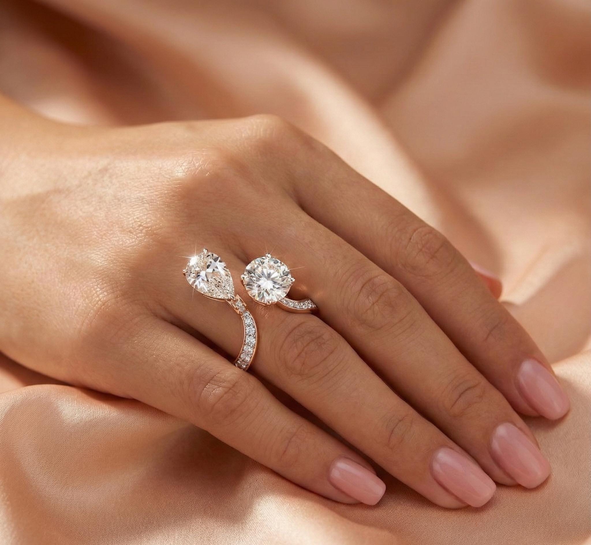 Moissanite Toi et Moi Ring, Sterling Silver Pear and Round Engagement Ring