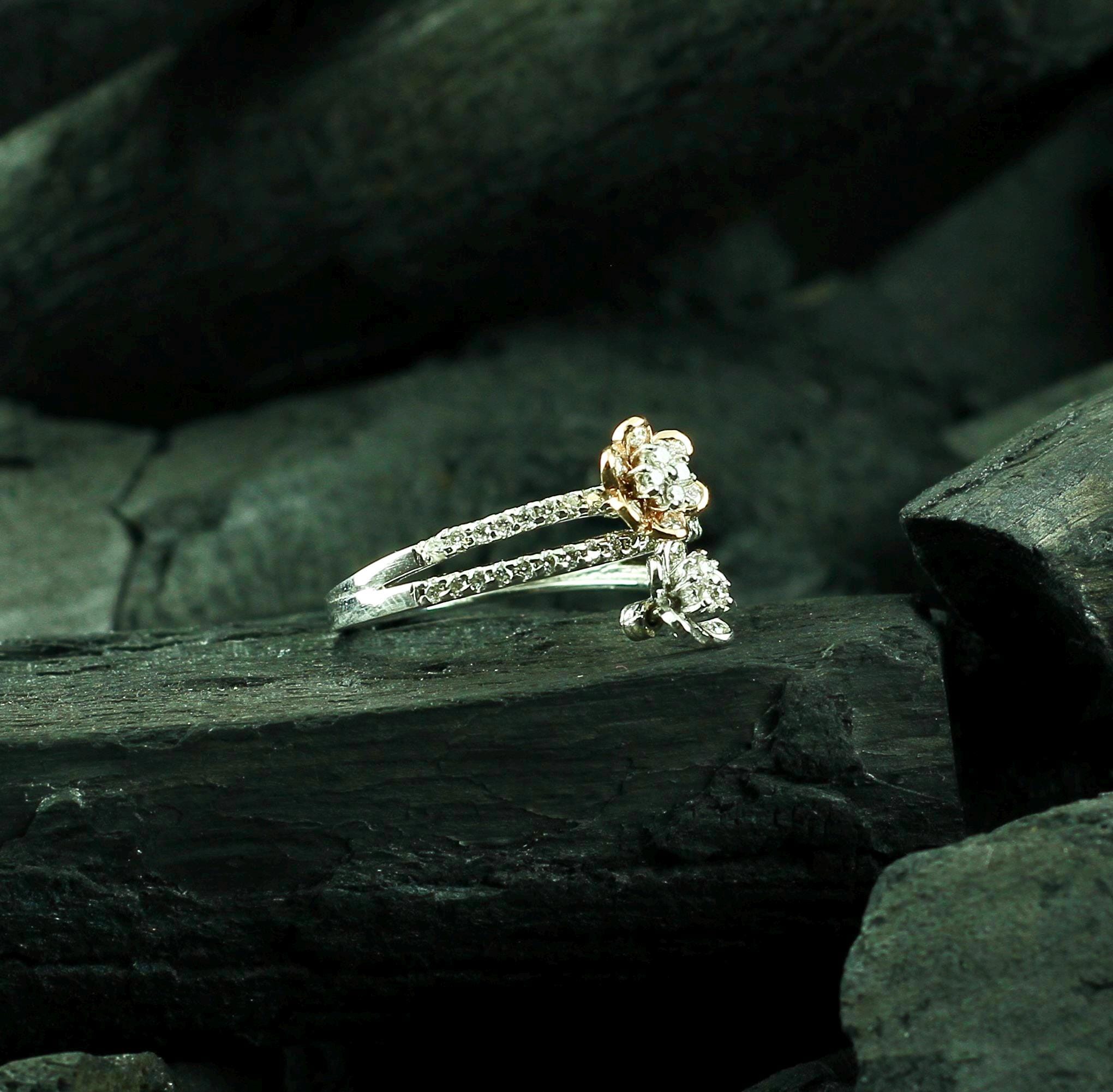 Sterling Silver Flower Ring, Moissanite Pave, Dainty Floral Stacking