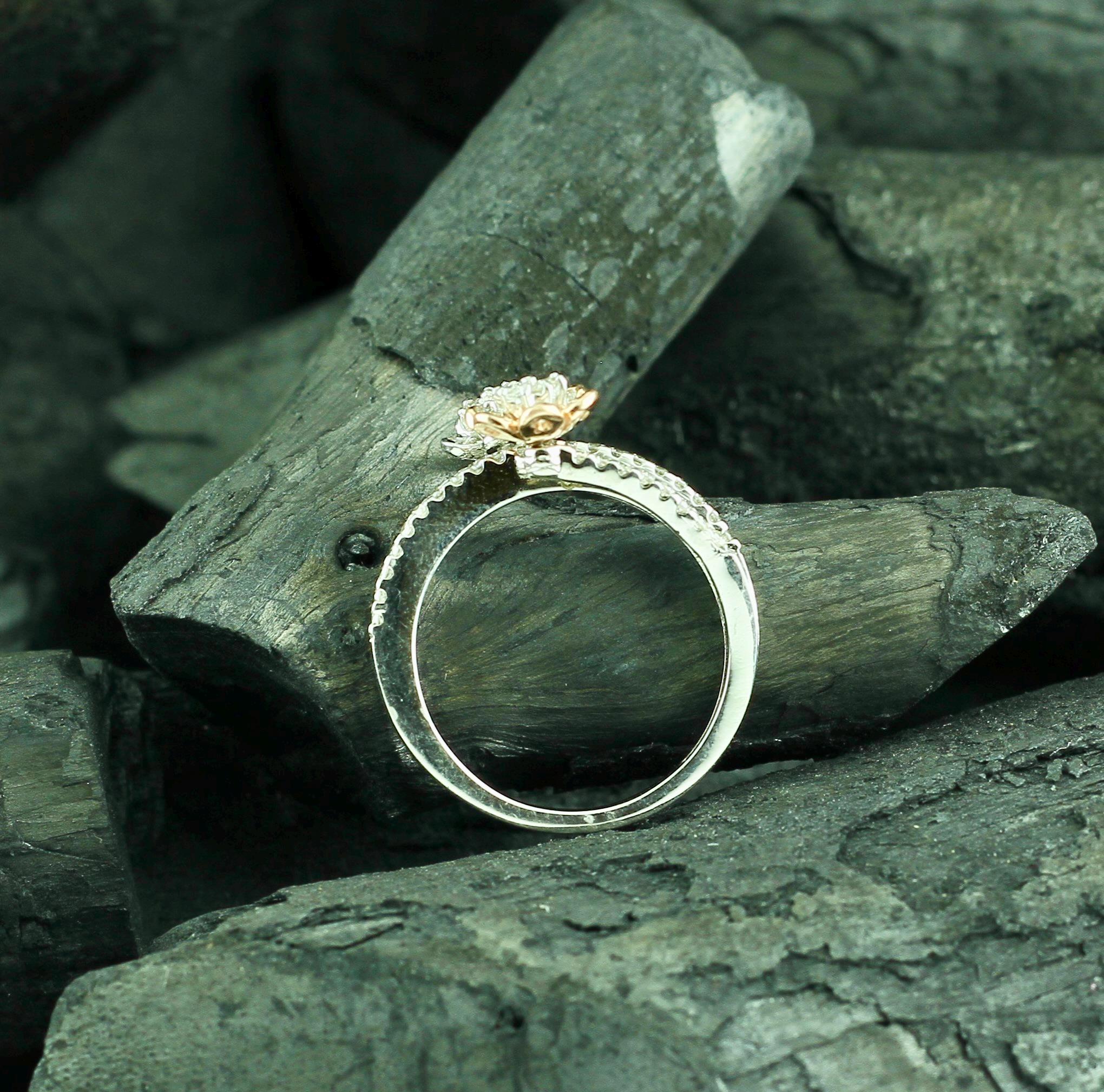 Sterling Silver Flower Ring, Moissanite Pave, Dainty Floral Stacking