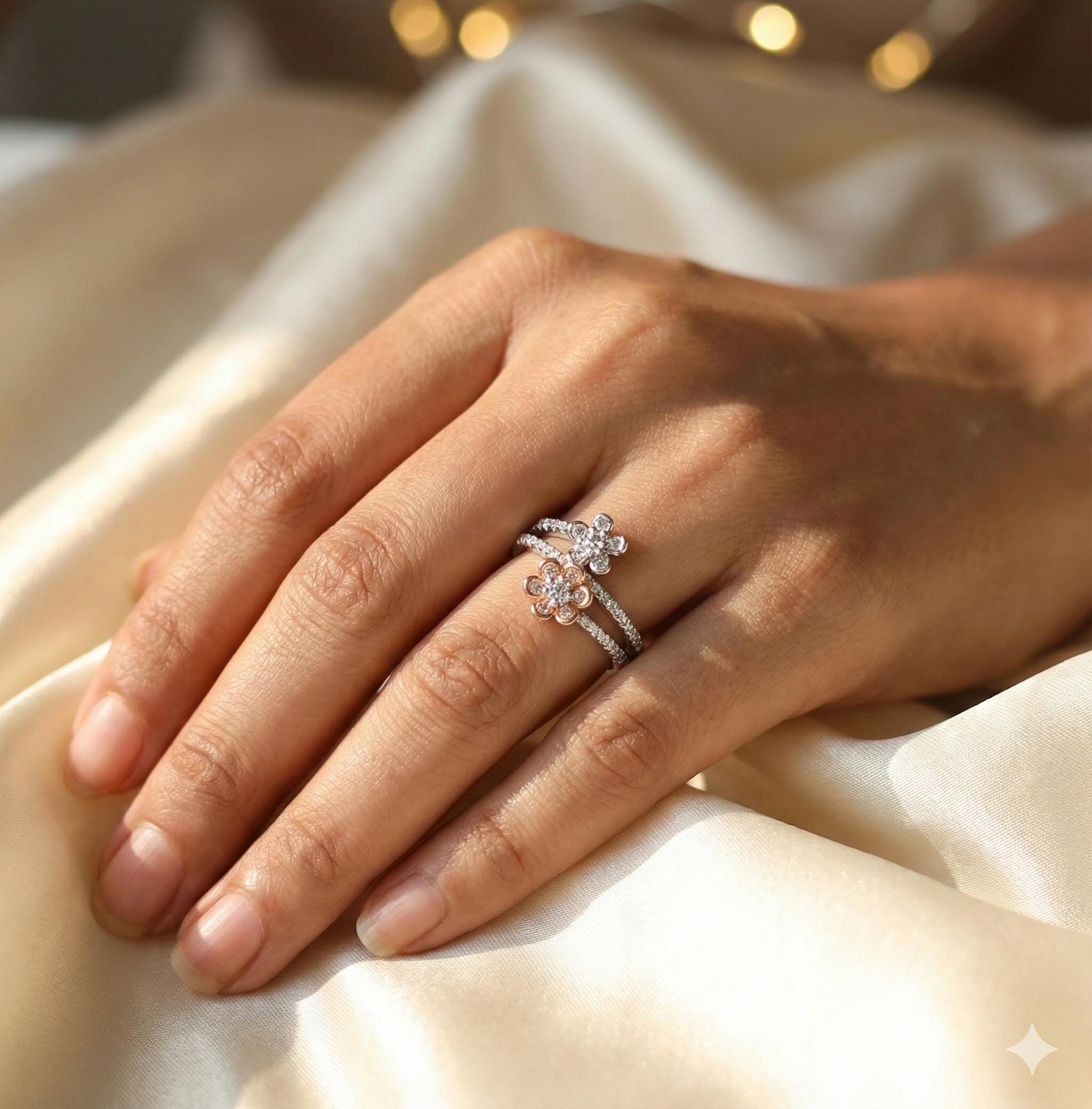 Sterling Silver Flower Ring, Moissanite Pave, Dainty Floral Stacking