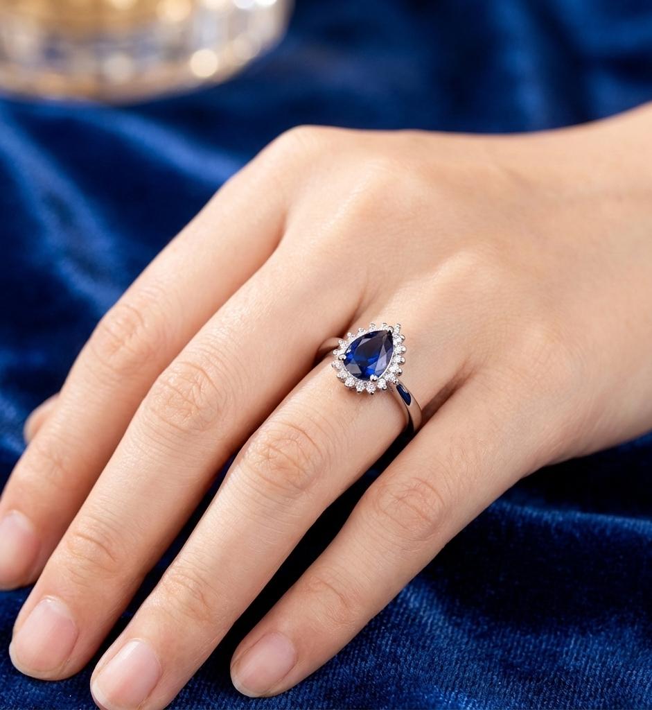 Blue Sapphire Engagement Ring, Pear Halo, Sterling Silver Art Deco