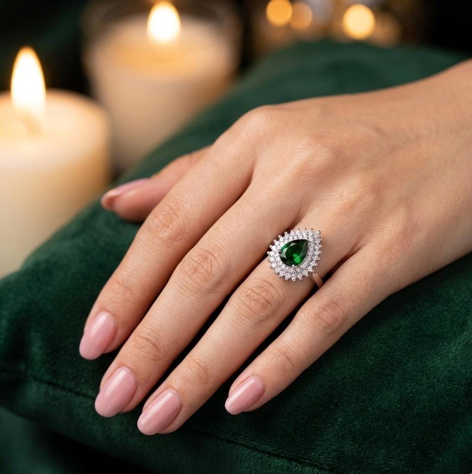 Pear Emerald Sterling Silver Ring, Double Halo Art Deco Design