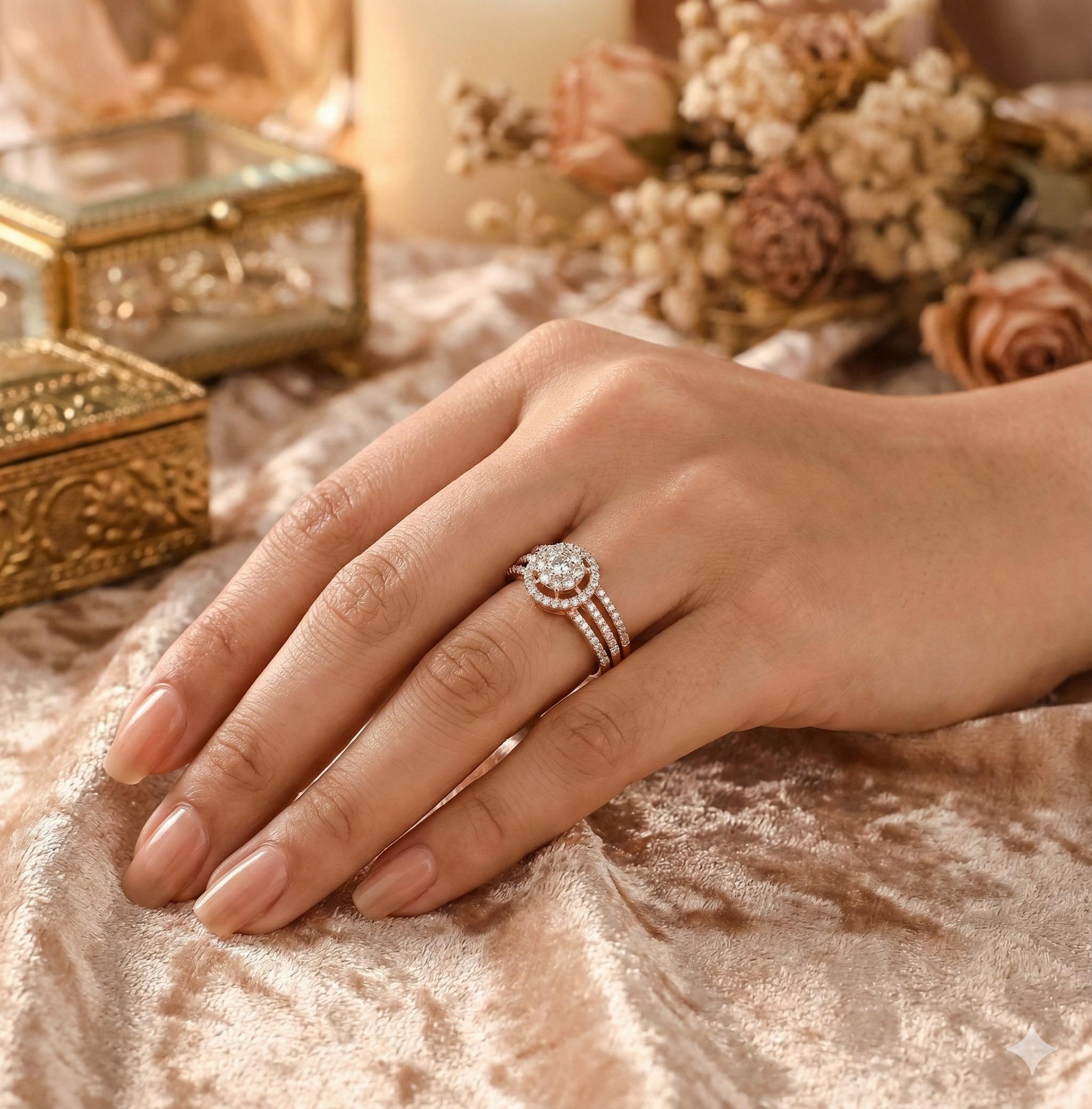 Halo Moissanite Engagement Ring, Sterling Silver 3 Row Pave Band