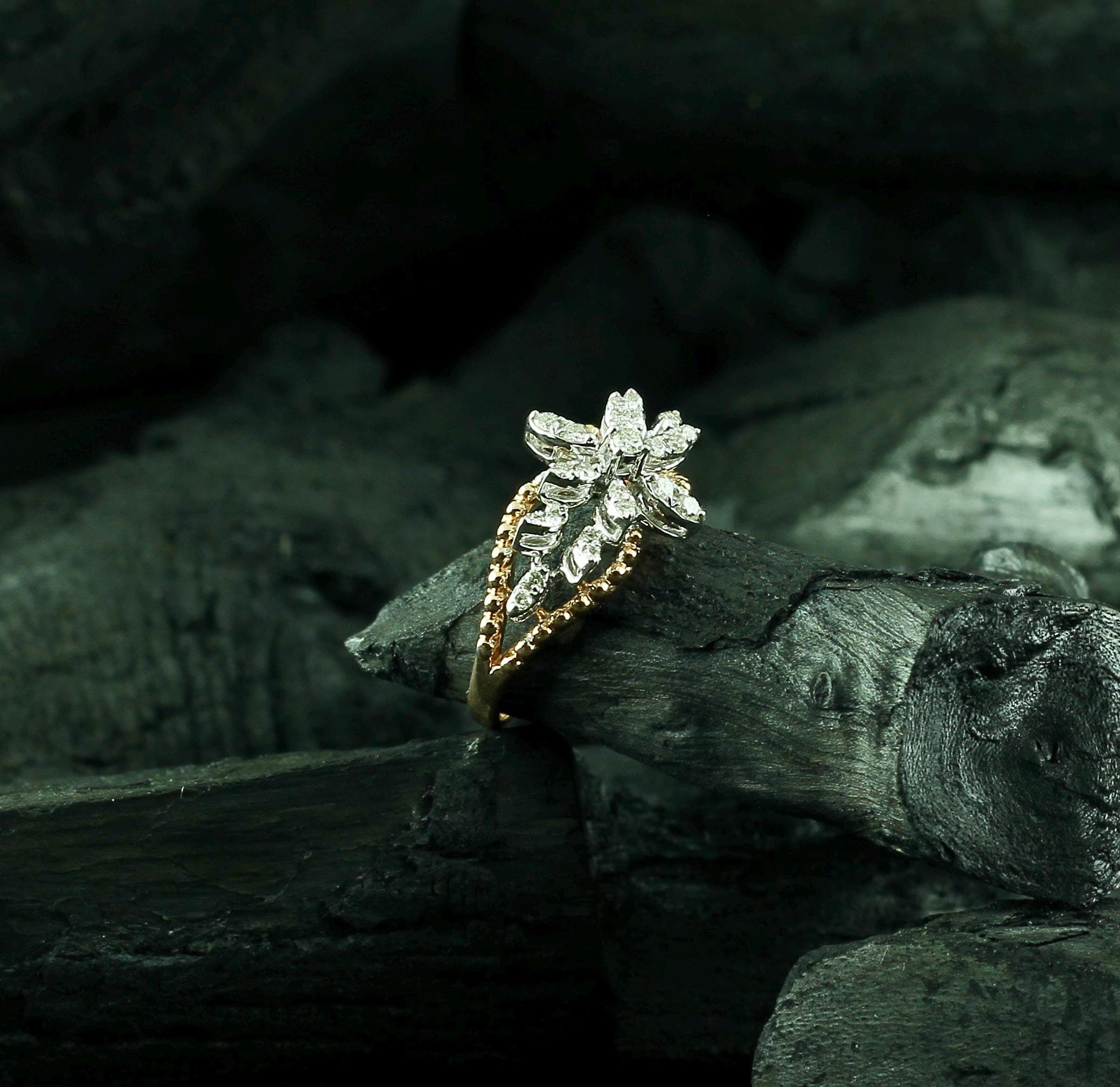 Sterling Silver Leaf Cluster Ring, Moissanite Floral Bridal Jewelry