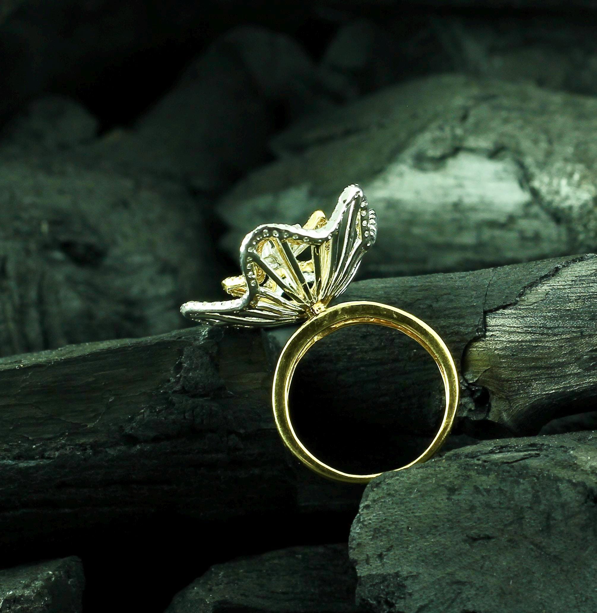 Sterling Silver Big Flower Ring, Moissanite Art Deco Floral Dainty Statement Minimalist Bridal Ring