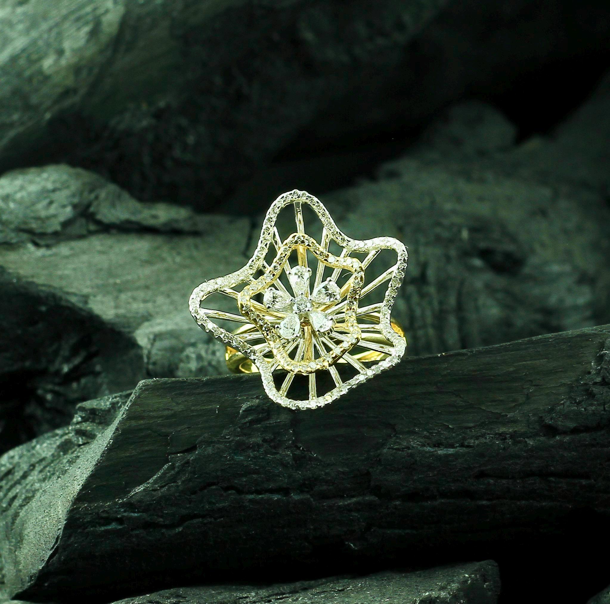 Sterling Silver Big Flower Ring, Moissanite Art Deco Floral Dainty Statement Minimalist Bridal Ring