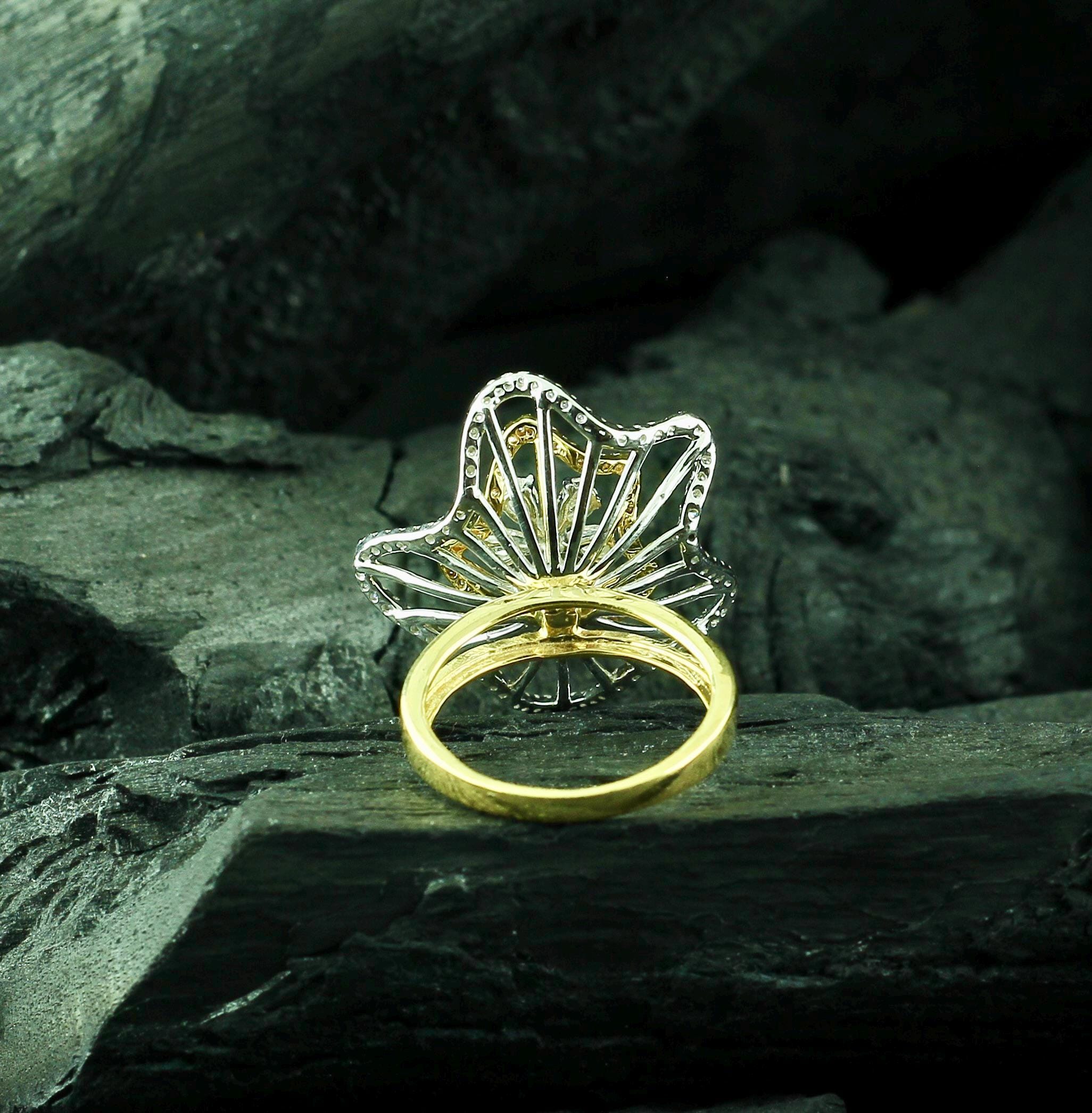 Sterling Silver Big Flower Ring, Moissanite Art Deco Floral Dainty Statement Minimalist Bridal Ring