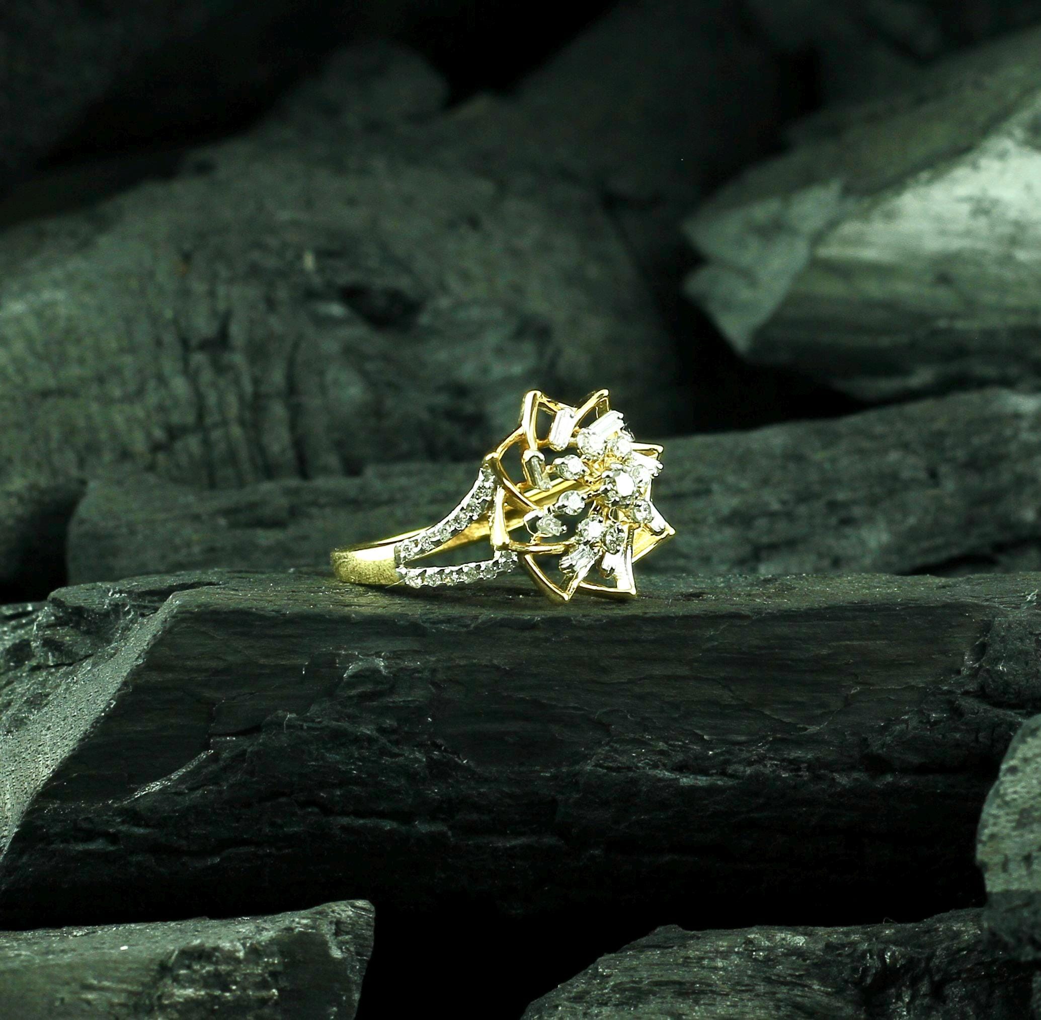 Moissanite Flower Ring • Sterling Silver Baguette Starburst, Art Deco