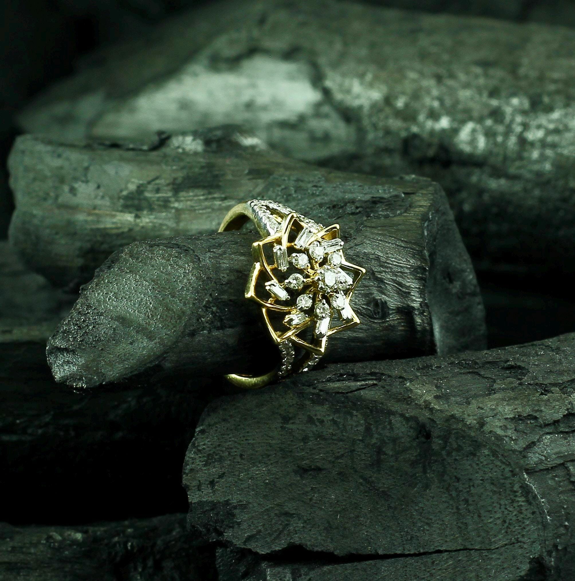 Moissanite Flower Ring • Sterling Silver Baguette Starburst, Art Deco