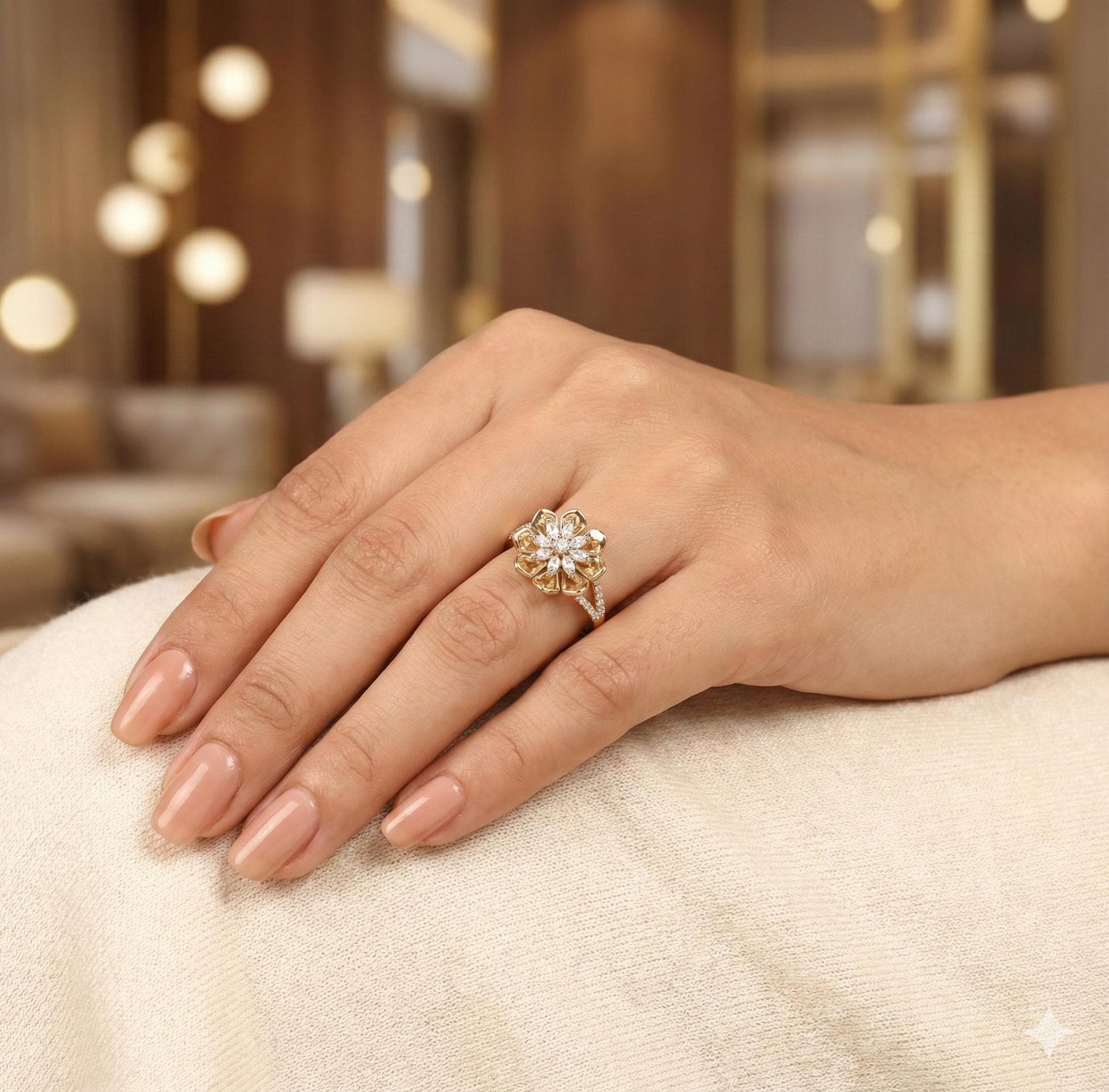Moissanite Flower Ring • Sterling Silver Baguette Starburst, Art Deco