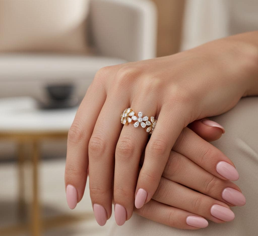 Flower Moissanite Ring, Sterling Silver Full Eternity Band