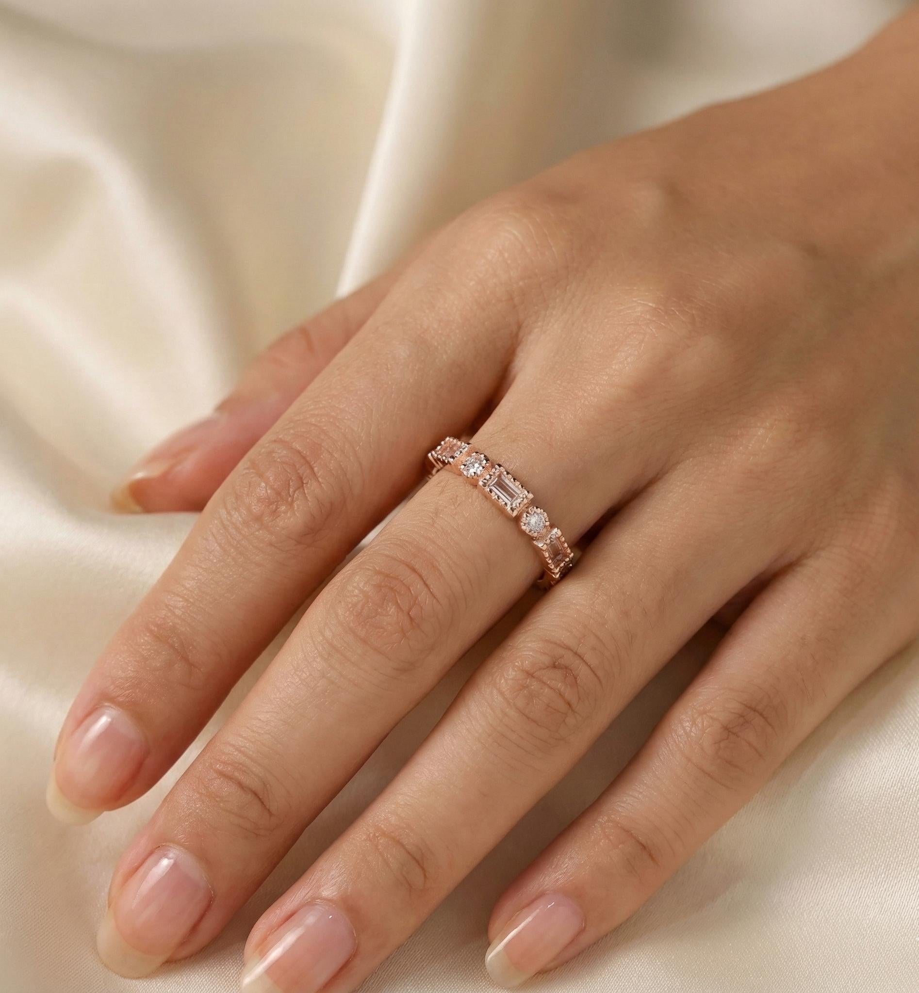 Morganite & Moissanite Sterling Silver Wedding Band, Anniversary Gift