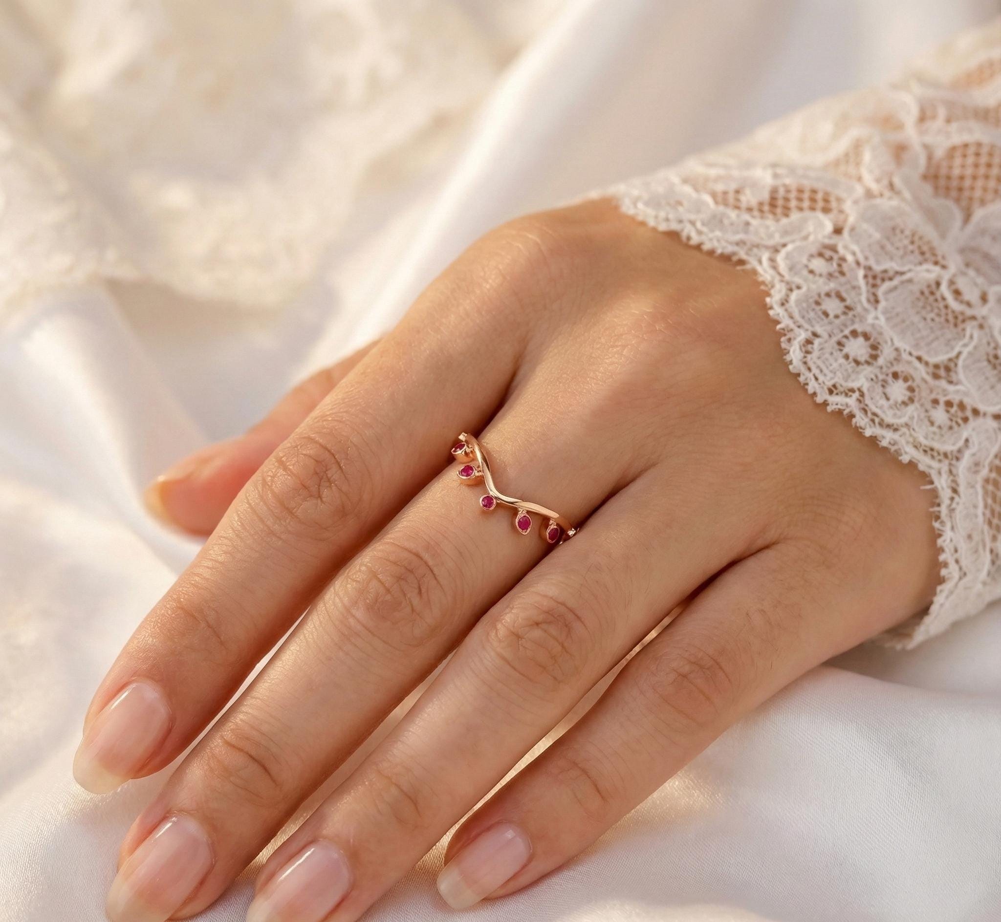 Ruby Leaf Sterling Silver Wedding Band, Dainty Anniversary Ring