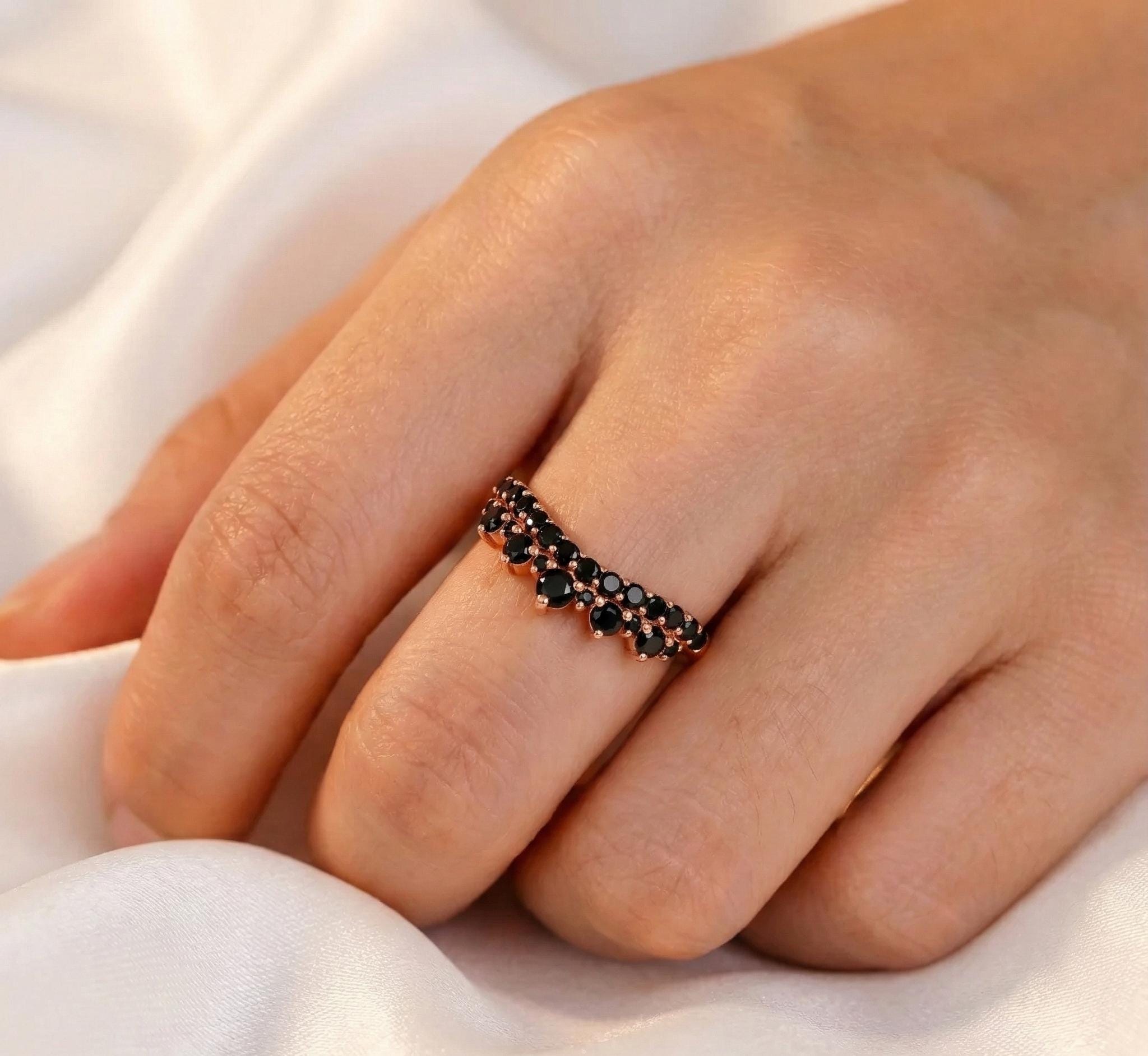 Black Onyx Crown Ring, 925 Sterling Silver Anniversary Band