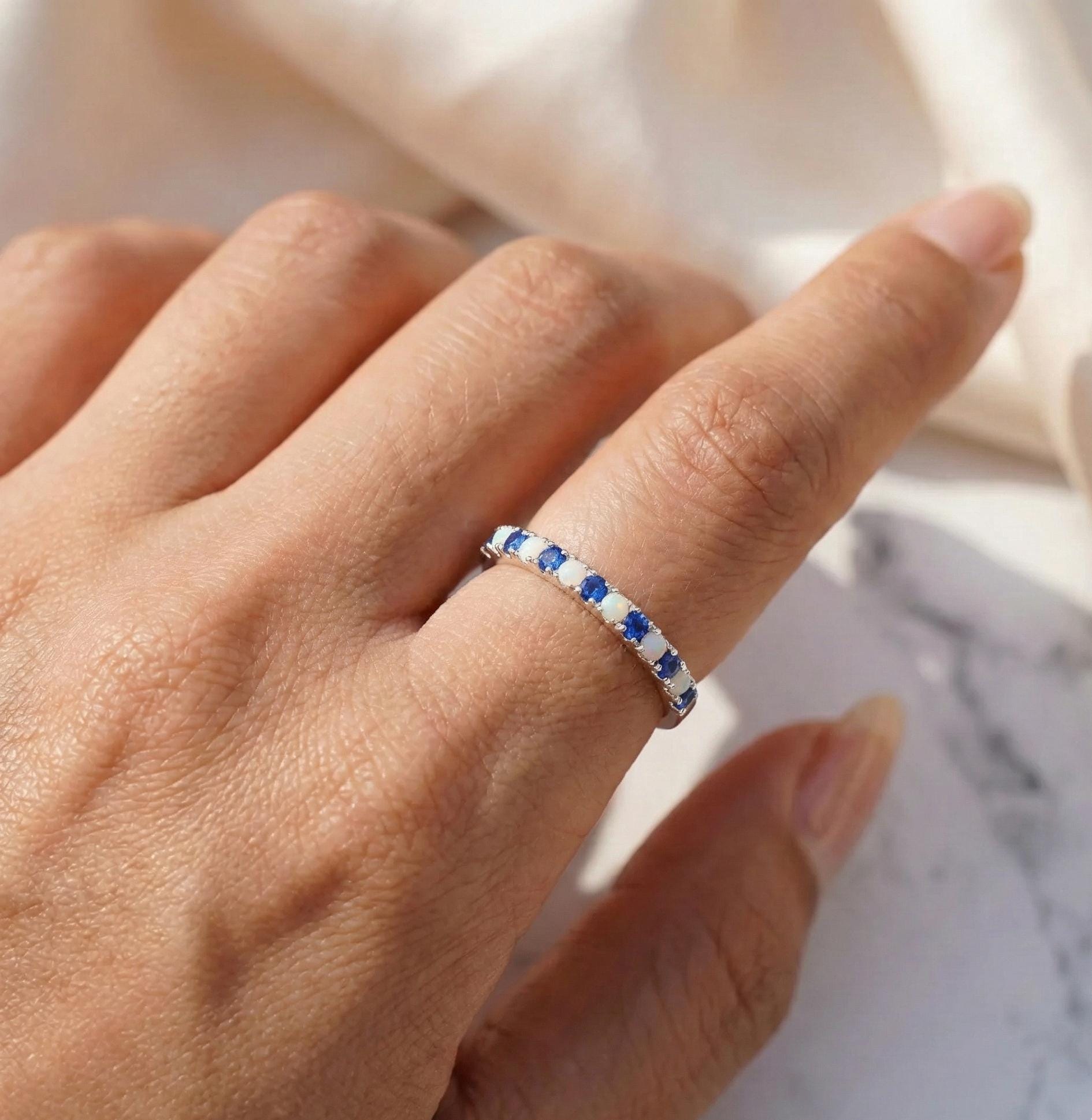 Blue Topaz Opal Eternity Band - Sterling Silver Stackable Ring