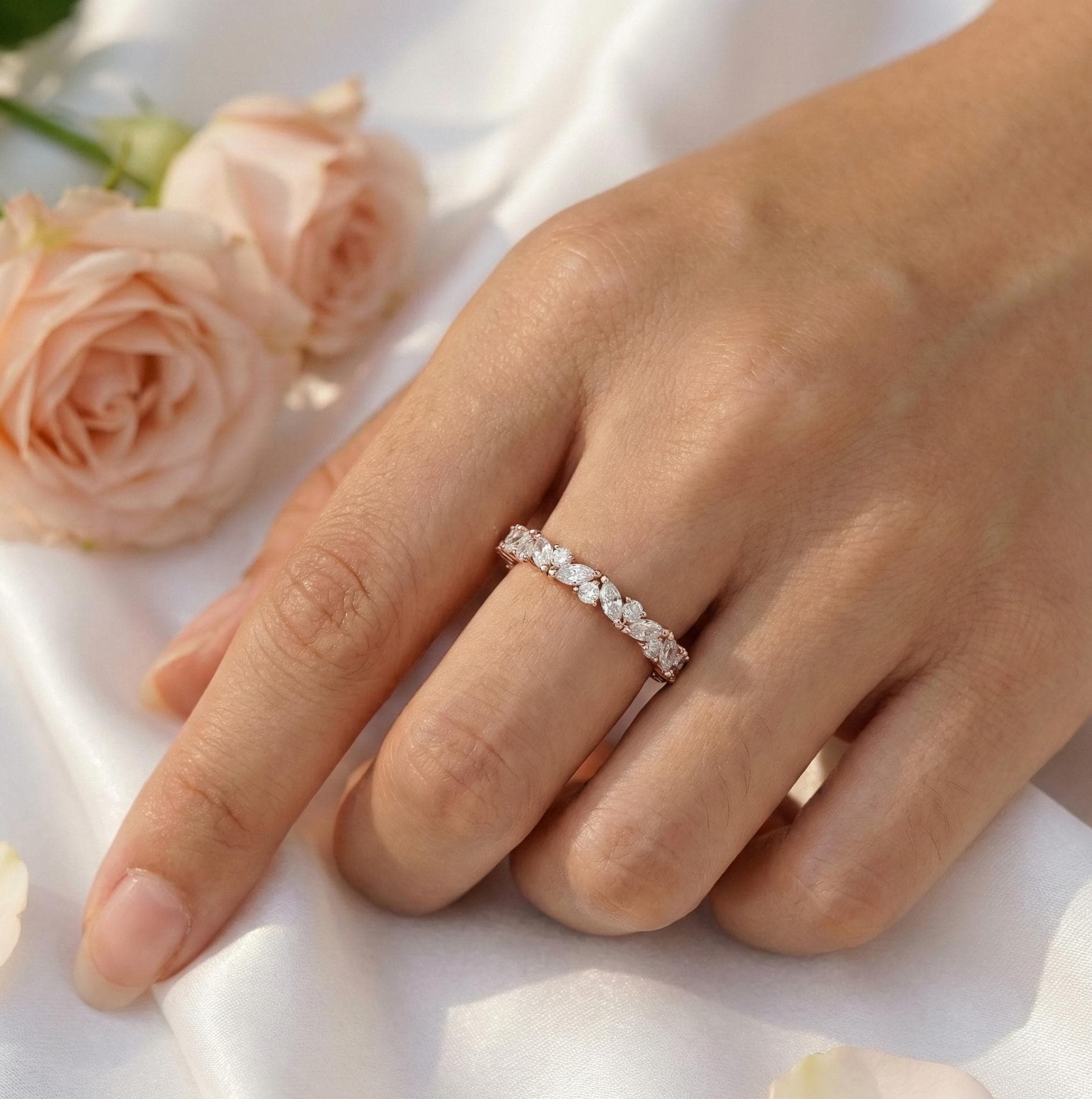 Aquamarine Eternity Band, Sterling Silver Marquise Stackable Ring