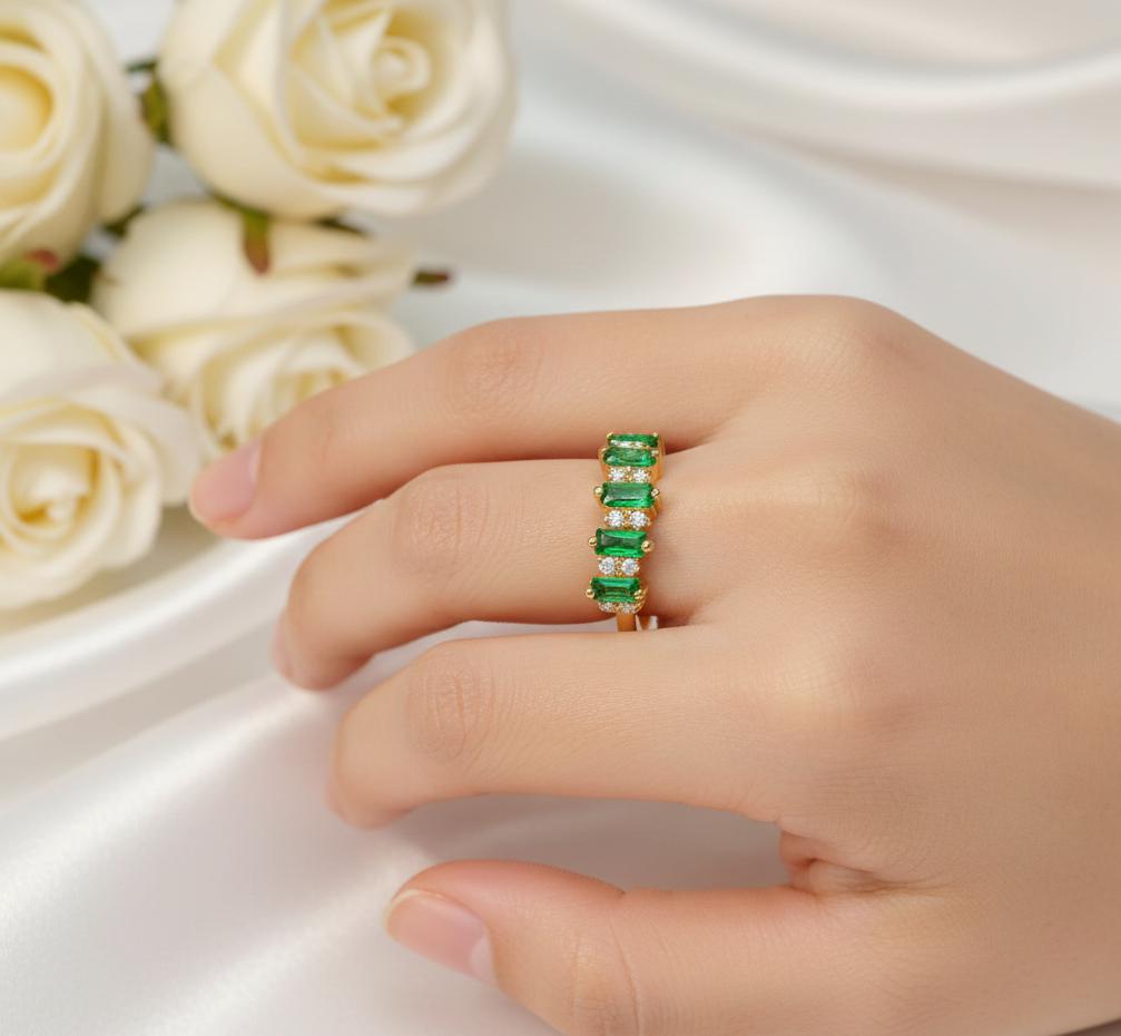 Emerald Sterling Silver Band Ring, Curved Moissanite Accent