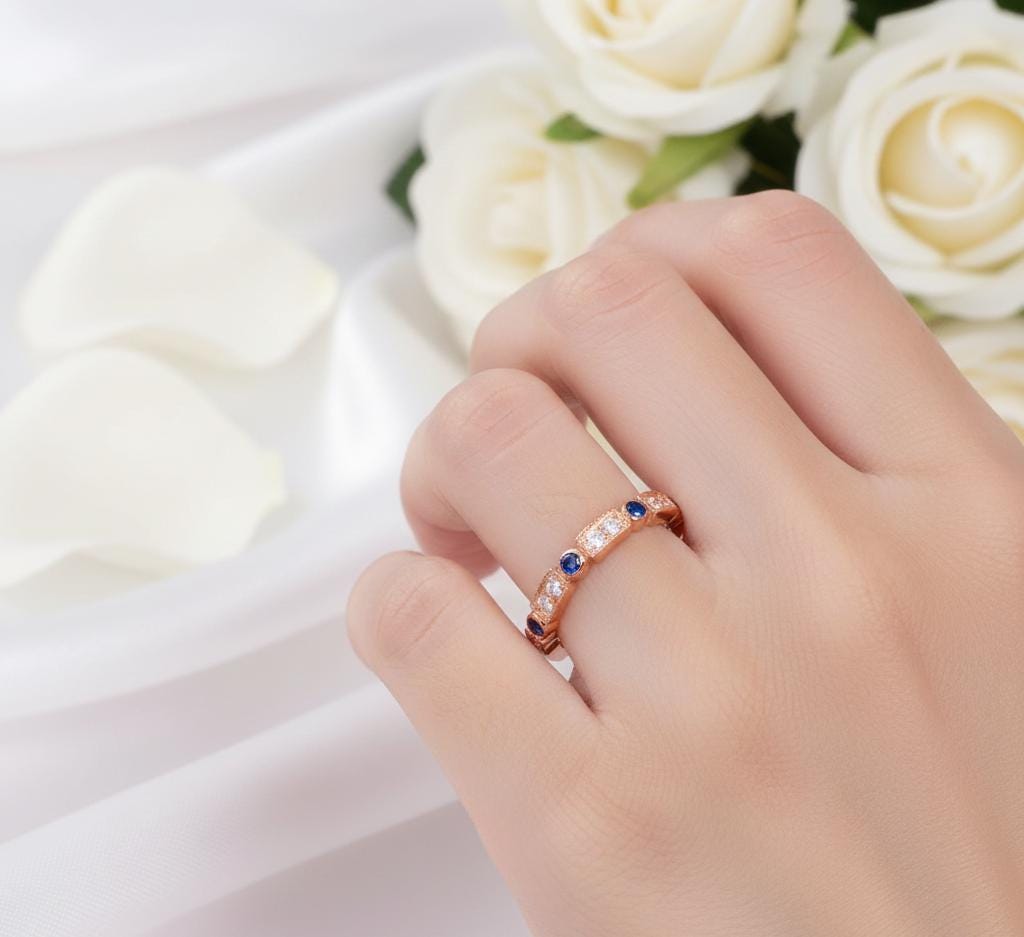 Blue Sapphire Wedding Band, Sterling Silver Moissanite Half Eternity Ring