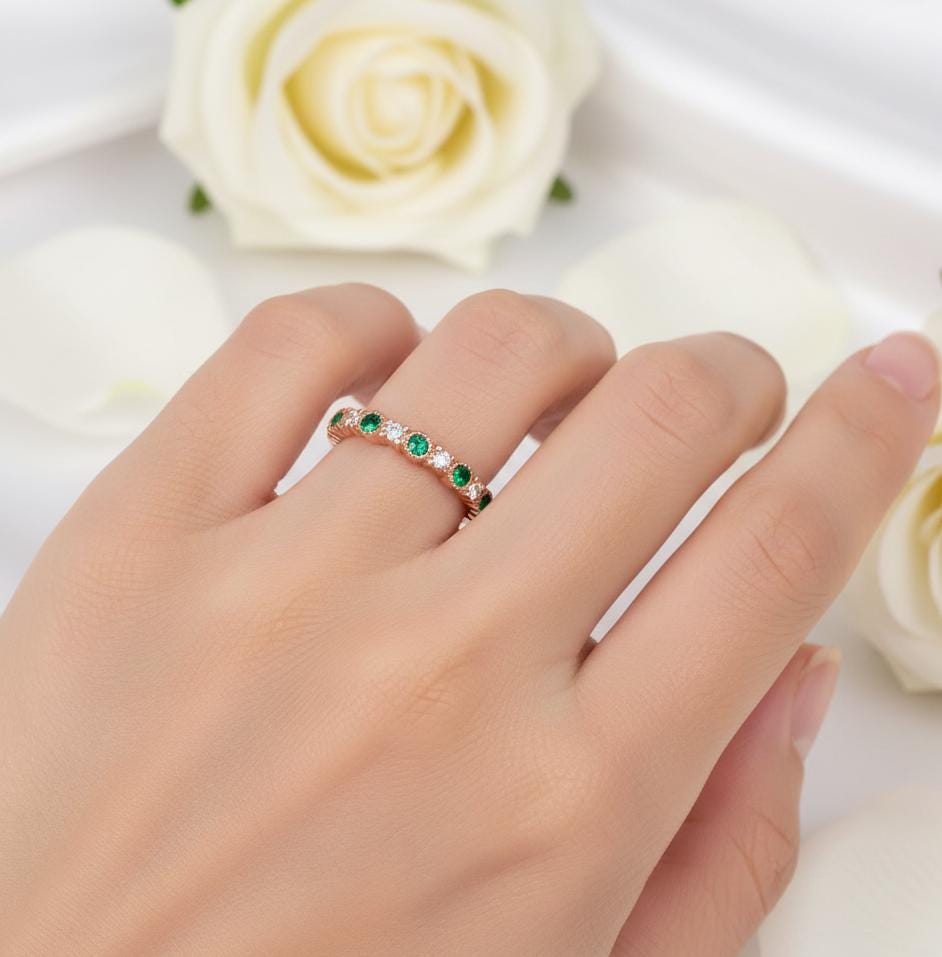 Emerald Moissanite Sterling Silver Wedding Band, Dainty Anniversary Ring