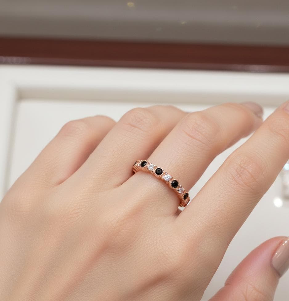 Black Onyx Sterling Silver Band with Moissanites - Dainty Milgrain Wedding Ring