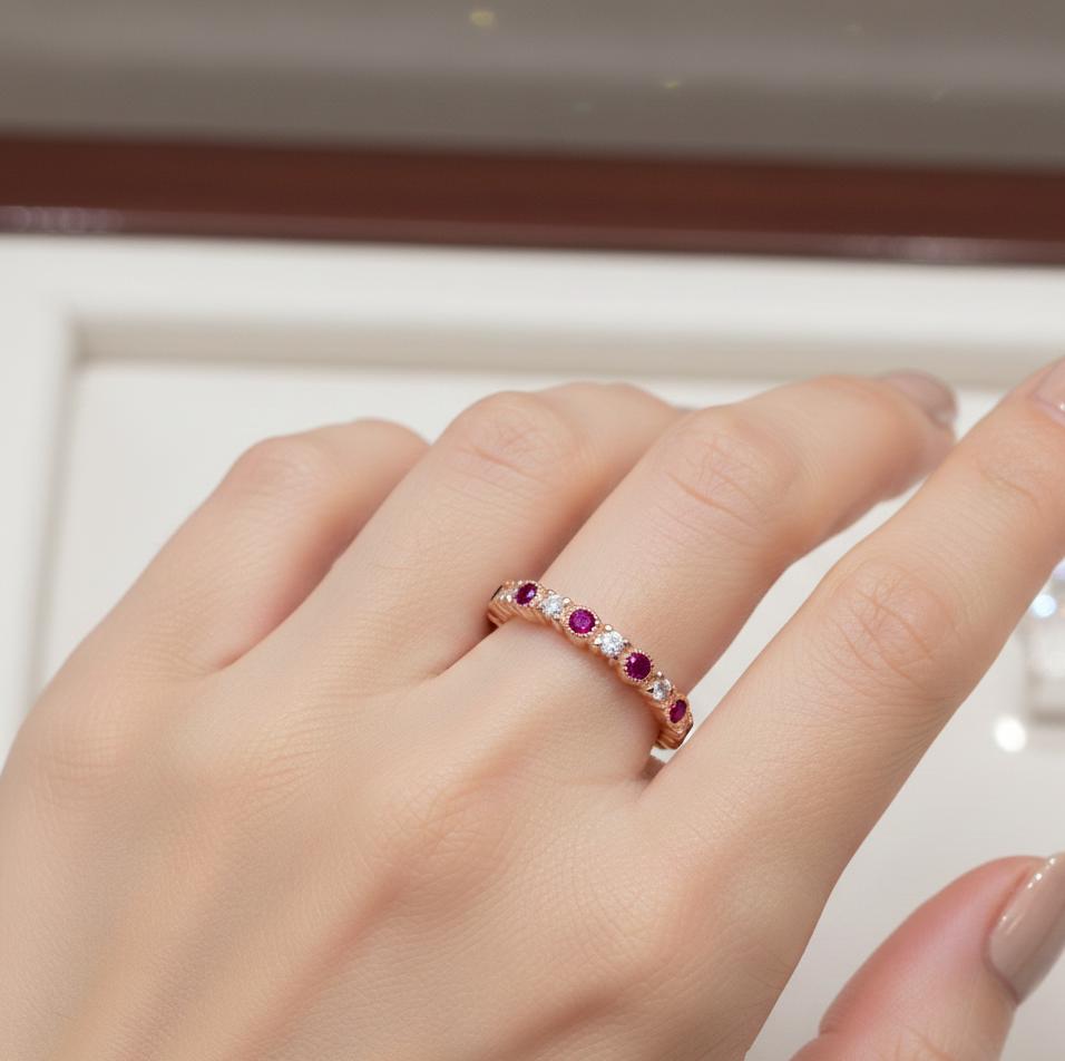 Ruby Moissanite Wedding Band, Sterling Silver Milgrain Ring