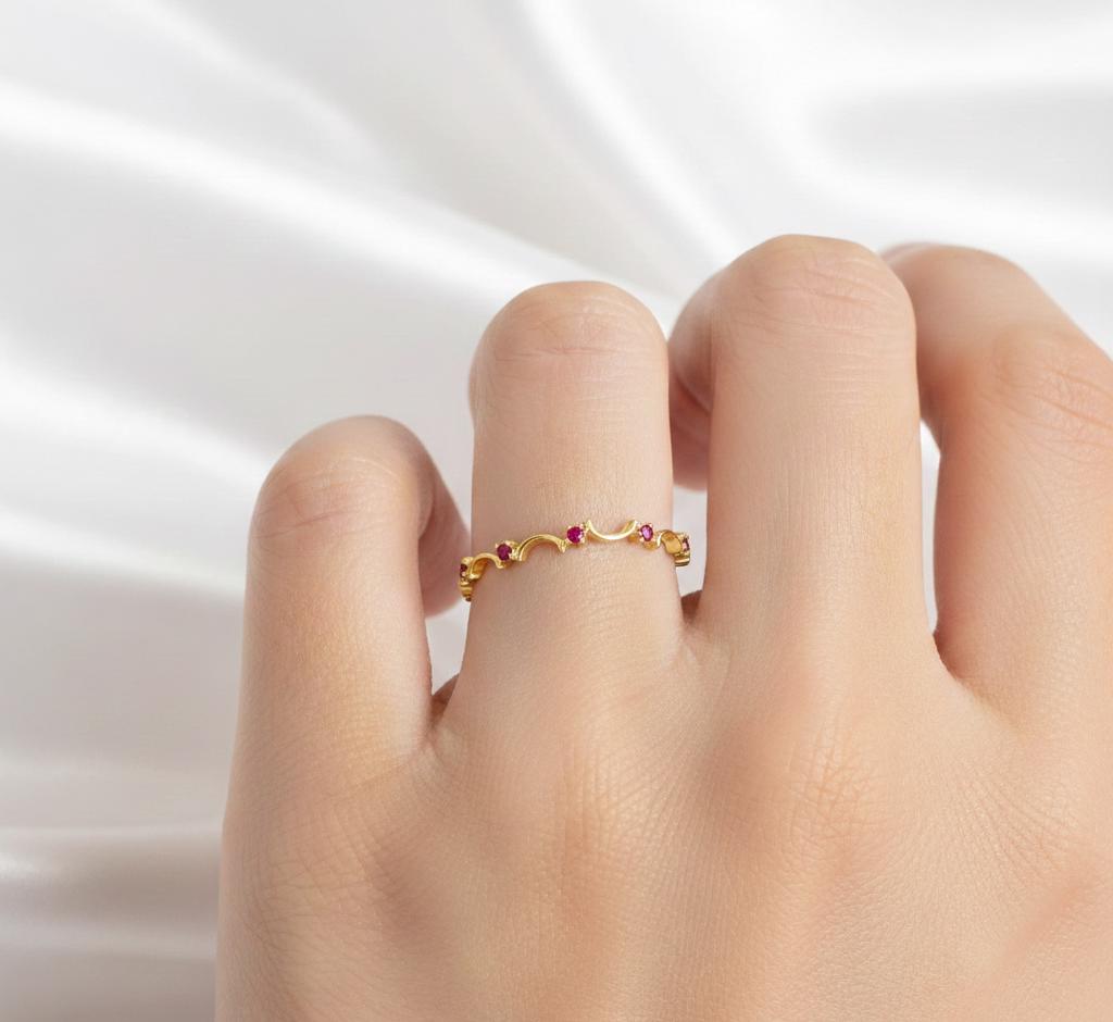 Ruby Wedding Band, Sterling Silver Pave Eternity Ring