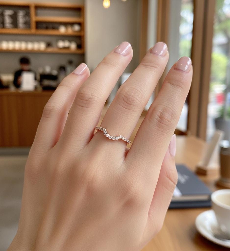 Moissanite Sterling Silver Curved Wedding Band, Minimalist Anniversary Stacking Ring