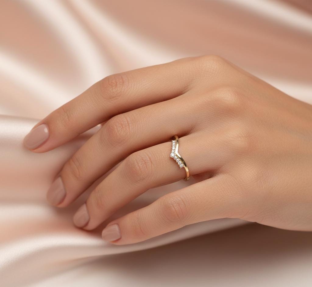 Chevron Moissanite Wedding Band, Sterling Silver V Ring, Anniversary Gift