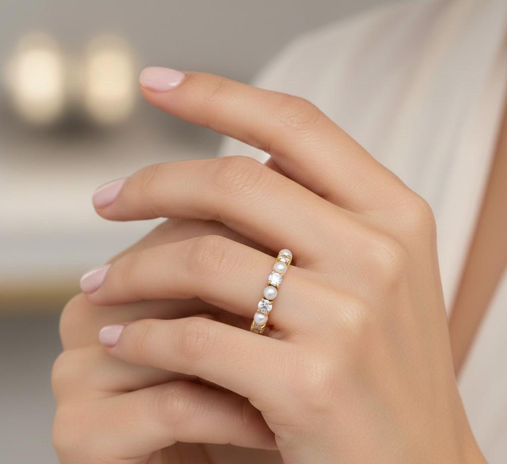 Pearl Wedding Band, Sterling Silver Moissanite Half Eternity Ring