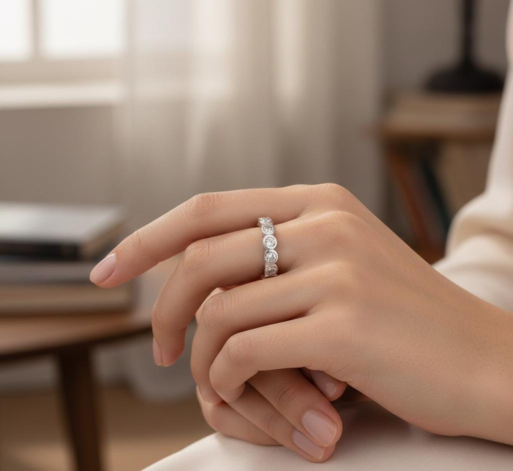 Moissanite Sterling Silver Wedding Band, Bezel Set Eternity Ring